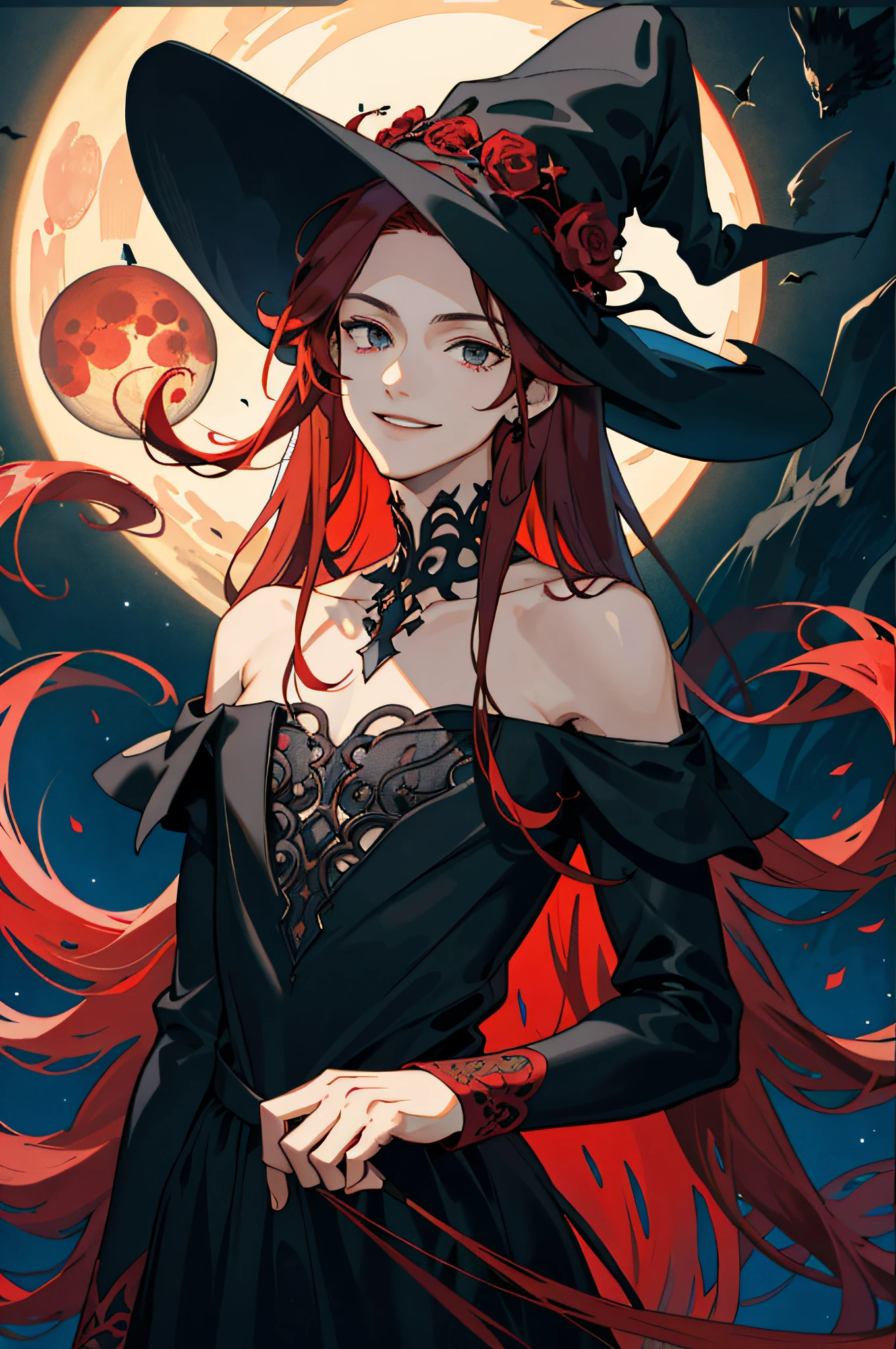 Masterpiece, best quality, 1 male, teenager, delicate eyes, long curly red hair, delicate face, intricate details, smile, gentle smile, black witch dress, wizard hat, dark night, red moon, naked, bare shoulders