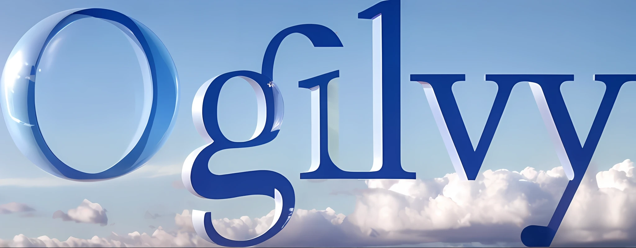 transparent inflation balloon,big Ogilvy logo,in the blue sky and white cloud,】made out of inflated transparent plastic,airy, anti-gravity feeling, Close up, Floating in the sky,Installation art, Bright light, 8K