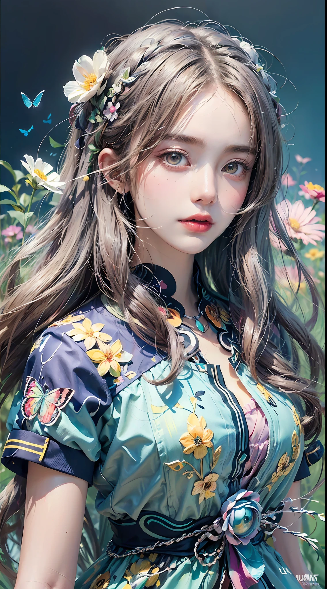 (masterpiece:1.1), (highest quality:1.1), (HDR:1.0), ambient light, ultra-high quality,( ultra detailed original illustration), (1girl, upper body), ((harajuku fashion)), ((flowers with human eyes, flower eyes)), double exposure, fusion of fluid abstract art, glitch, (original illustration composition), (fusion of limited color, maximalism artstyle, geometric artstyle, butterflies, junk art)