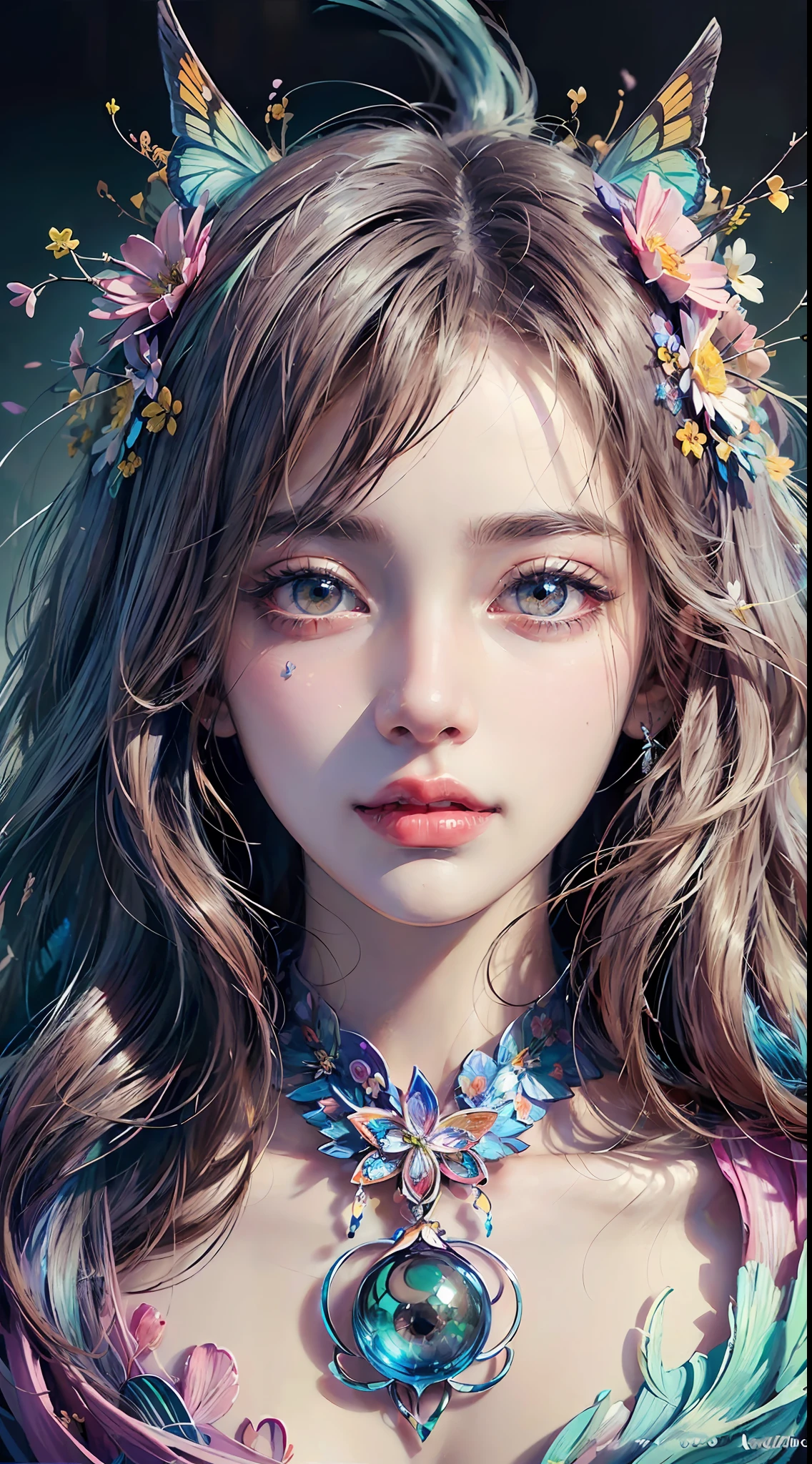 (masterpiece:1.1), (highest quality:1.1), (HDR:1.0), ambient light, ultra-high quality,( ultra detailed original illustration), (1girl, upper body), ((harajuku fashion)), ((flowers with human eyes, flower eyes)), double exposure, fusion of fluid abstract art, glitch, (original illustration composition), (fusion of limited color, maximalism artstyle, geometric artstyle, butterflies, junk art)