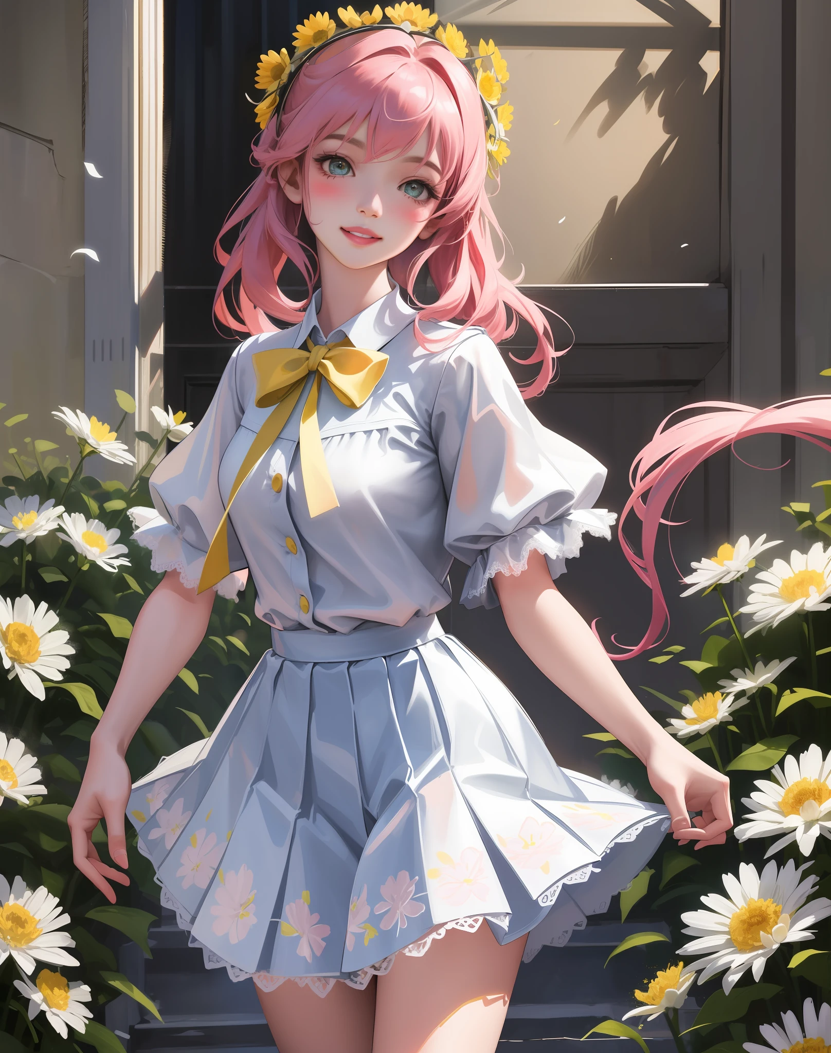 Best quality, masterpiece, high picture quality, 1 girl, blush, (seductive smile: 0.8), white top, school outfit, lace trim, blue pleated skirt, lace on skirt, pink headband, long ribbon, beautiful face, smile, teeth, flowers blooming on both sides, yellow chrysanthemum, red flower, green grass, spring, white cloud, full body, intense light and shadow, photographic effect, realistic, , edge lighting, two-tone lighting, (high detail skin: 1.2), 8k ultra high definition, DSLR, soft lighting, High quality, volumetric lighting, capture, photo, high resolution, 4k, 8k,