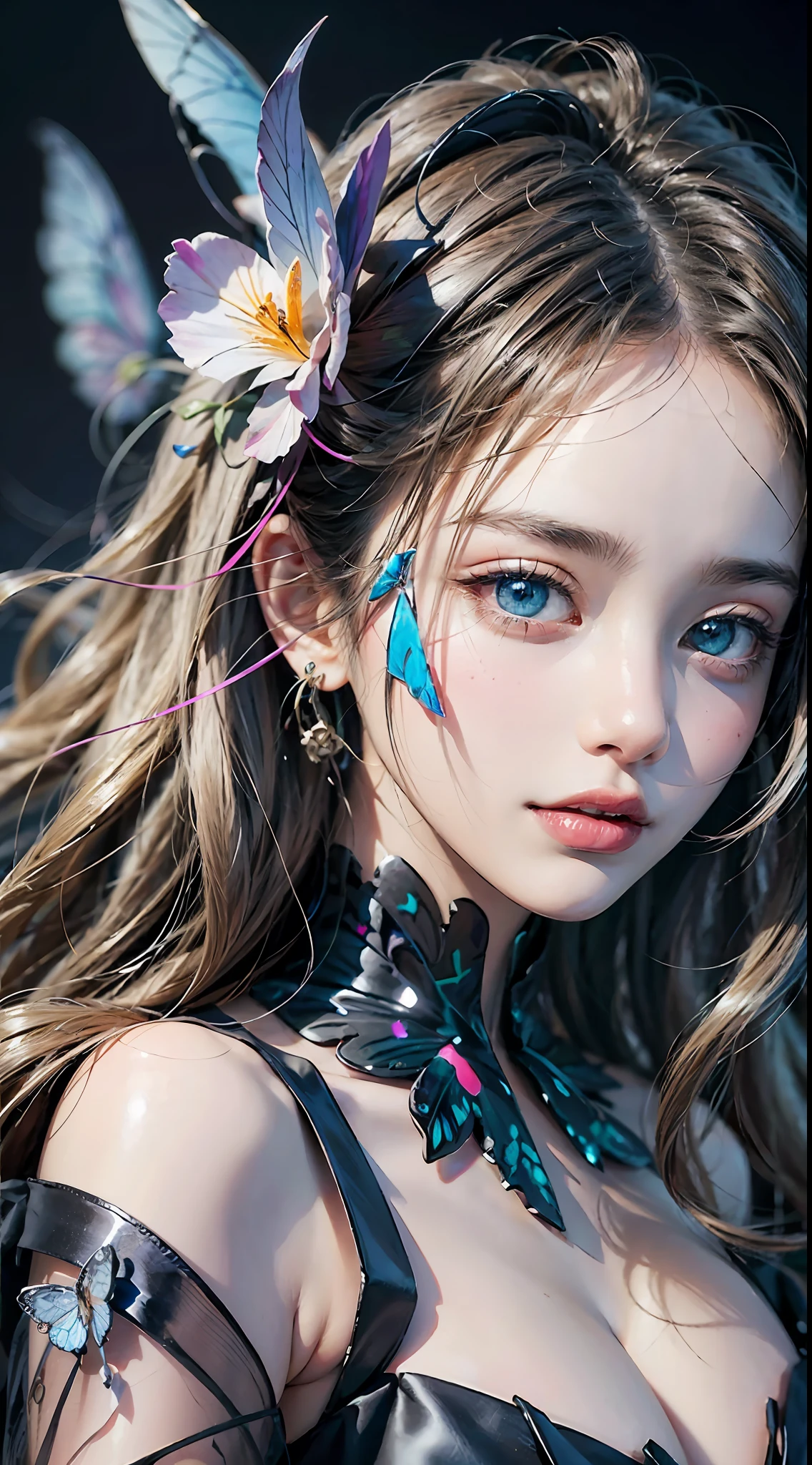 (masterpiece:1.1), (highest quality:1.1), (HDR:1.0), ambient light, ultra-high quality,( ultra detailed original illustration), (1girl, upper body), ((harajuku fashion)), ((flowers with human eyes, flower eyes)), double exposure, fusion of fluid abstract art, glitch, (original illustration composition), (fusion of limited color, maximalism artstyle, geometric artstyle, butterflies, junk art)