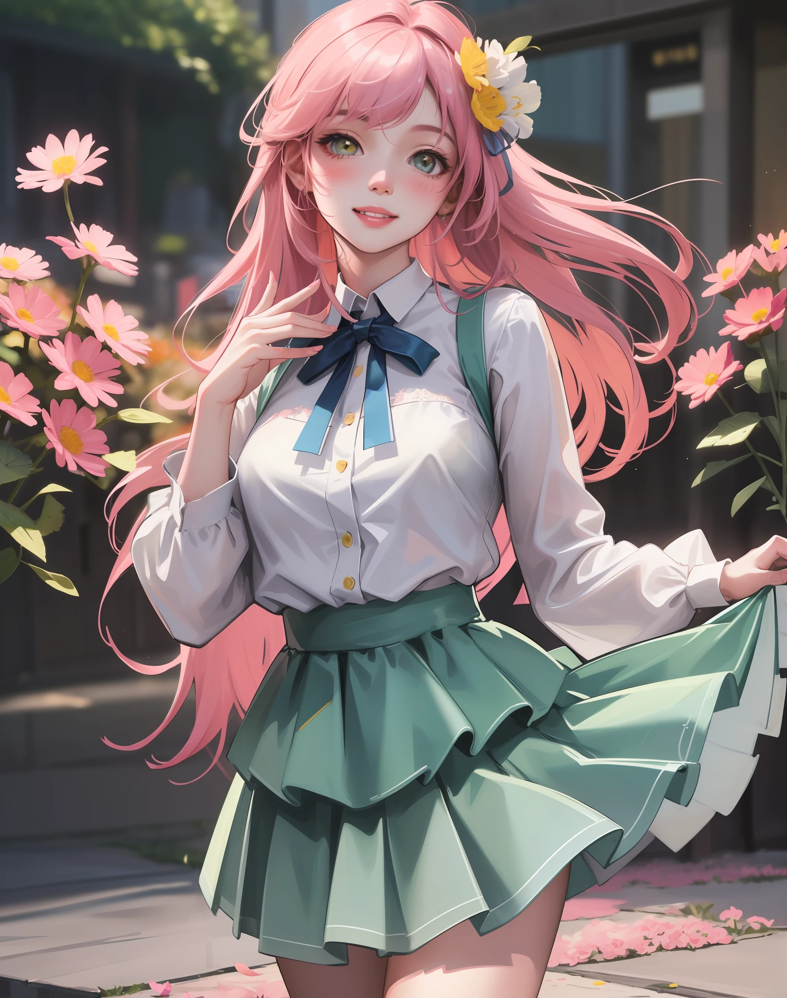 Best quality, masterpiece, high image quality, 1 girl, blush, (seductive smile: 0.8), white clothes, blue pleated skirt, lace on skirt, pink hair ribbon, beautiful face, smile, showing teeth, flowers blooming on both sides of the road, yellow chrysanthemums, red flowers, green grass, spring, white clouds, full body, intense light and shadow, photographic effects, realistic, edge lighting, two-tone lighting, (high detail skin: 1.2), 8k ultra high definition, DSLR, soft lighting, high quality, volumetric lighting, capture, Photo, high resolution, 4k, 8k,