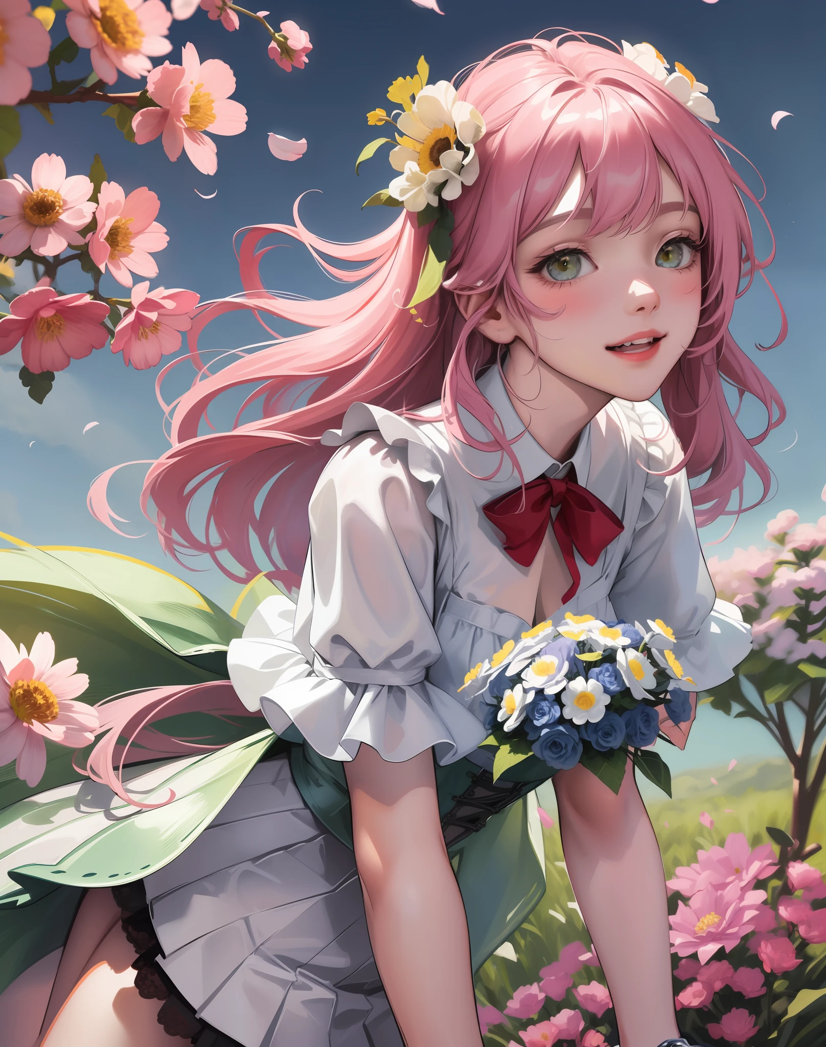 Best quality, masterpiece, high image quality, 1 girl, blush, (seductive smile: 0.8), white clothes, blue pleated skirt, lace on skirt, pink hair ribbon, beautiful face, smile, showing teeth, flowers blooming on both sides of the road, yellow chrysanthemums, red flowers, green grass, spring, white clouds, full body, intense light and shadow, photographic effects, realistic, edge lighting, two-tone lighting, (high detail skin: 1.2), 8k ultra high definition, DSLR, soft lighting, high quality, volumetric lighting, capture, Photo, high resolution, 4k, 8k,