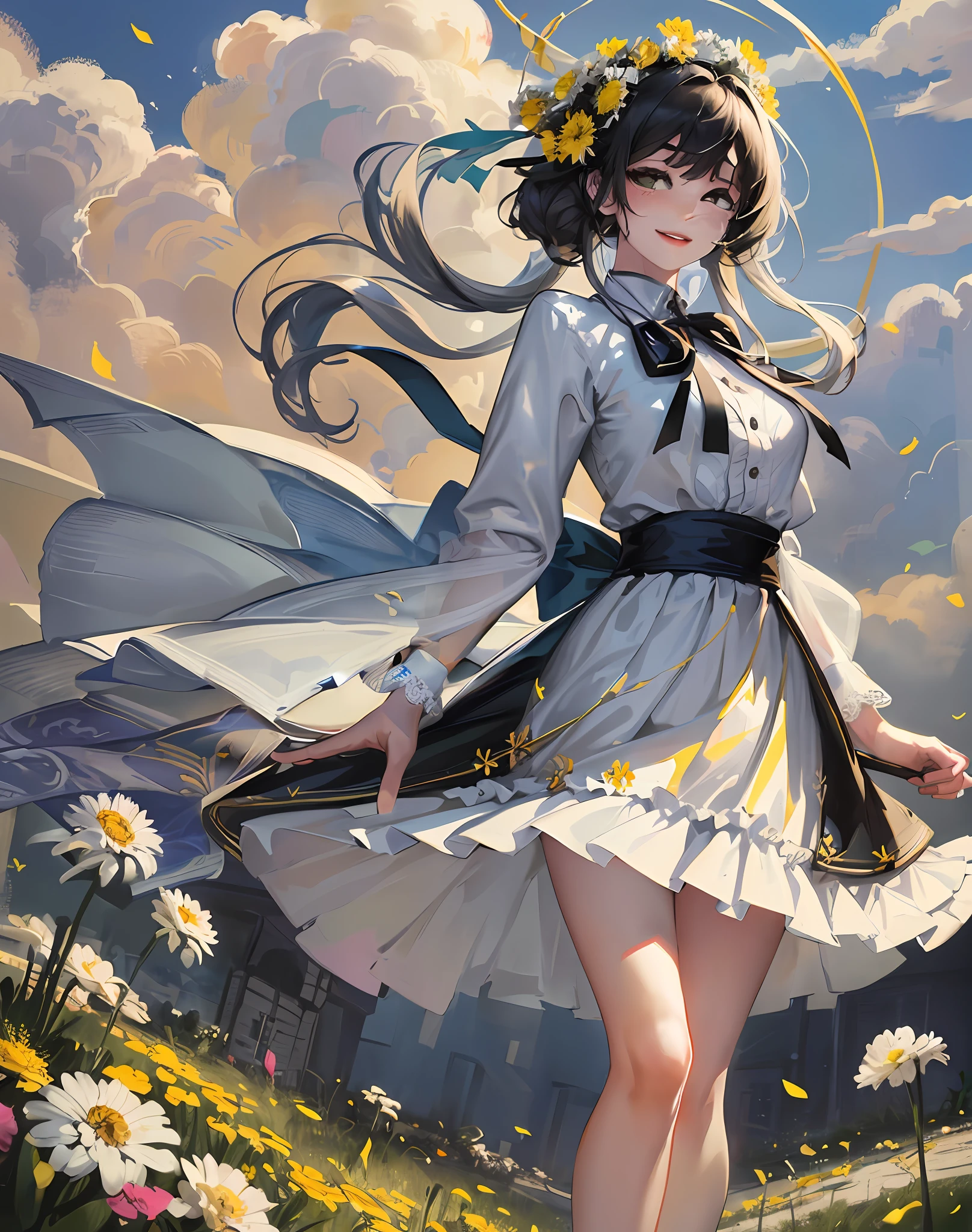 Best quality, masterpiece, high image quality, 1 girl, full body, blush, (attractive smile: 0.8), white clothes, blue pleated skirt, skirt with lace, black hair, ribbon, beautiful face, smile, showing teeth, flowers blooming on both sides of the road, yellow chrysanthemums, red flowers, green grass, spring, white clouds, full body, intense light and shadow, photographic effects, realistic, edge lighting, two-tone lighting, (high detail skin: 1.2), 8k ultra high definition, SLR, soft lighting, high quality, volumetric lighting,Capture, Photo, High Resolution, 4K, 8K,