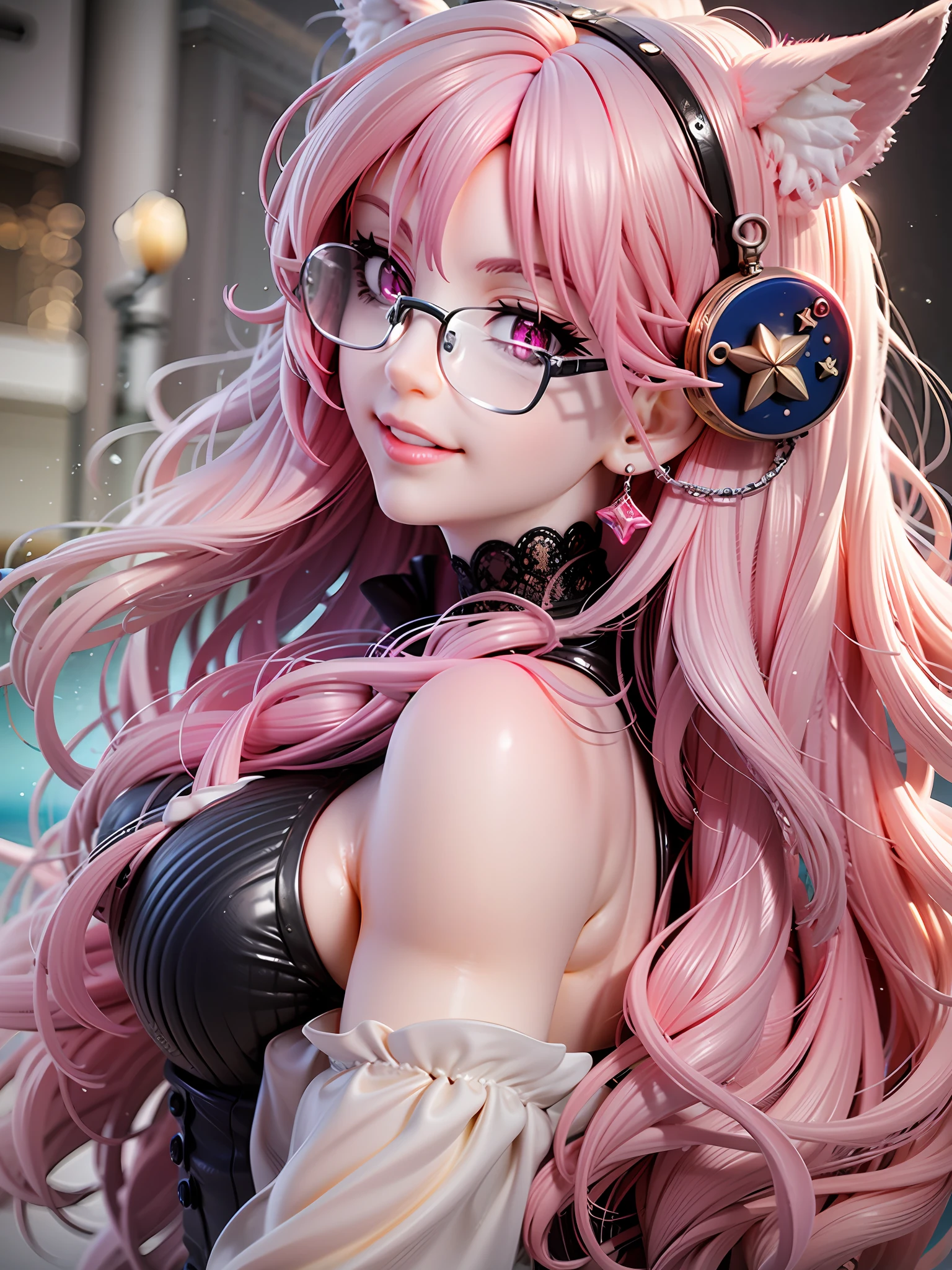 1girl in、Face seen from the side、lovly、Pink hair、length hair、Cheeky、耳Nipple Ring、Pink eyes、fox ear、a smile、black sleeveless clothes、