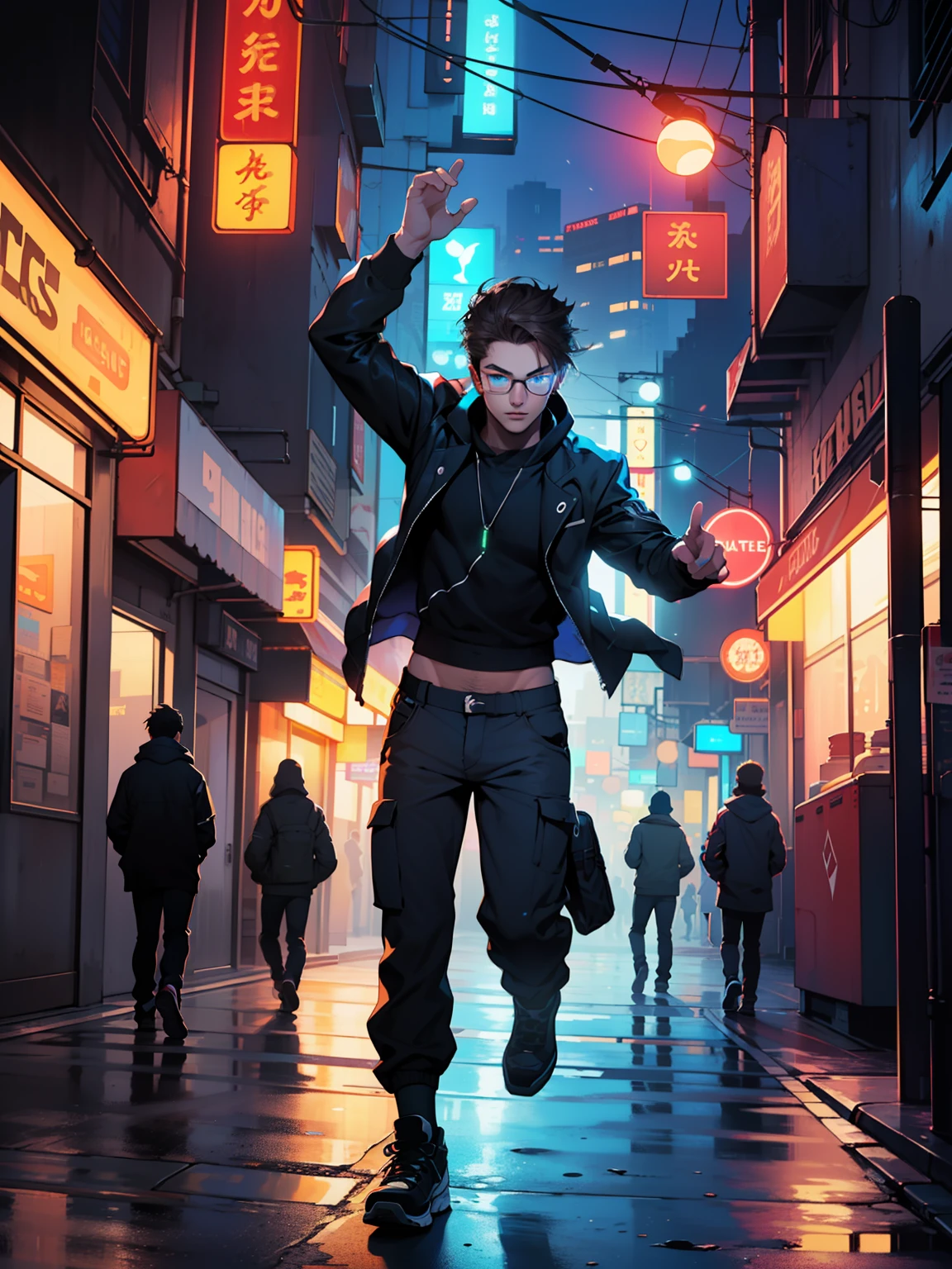 (detailed CG artwork, high quality, best illumination and shadow),(cool teenage boy, wearing glasses, dynamic pose),(blue eyes, dark hair),(urban street scene), night scene,, (futuristic elements, neon lights, fast movements)