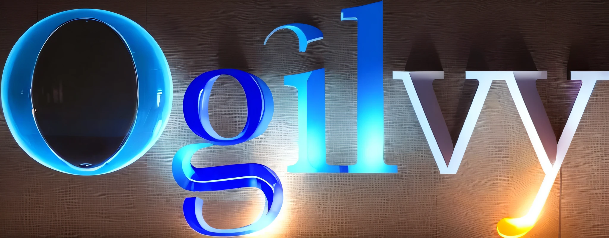 transparent inflation balloon,big Ogilvy logo,in the blue sky and white cloud,】made out of inflated transparent plastic,airy, anti-gravity feeling, Close up, Floating in the sky,Installation art, Bright light, 8K