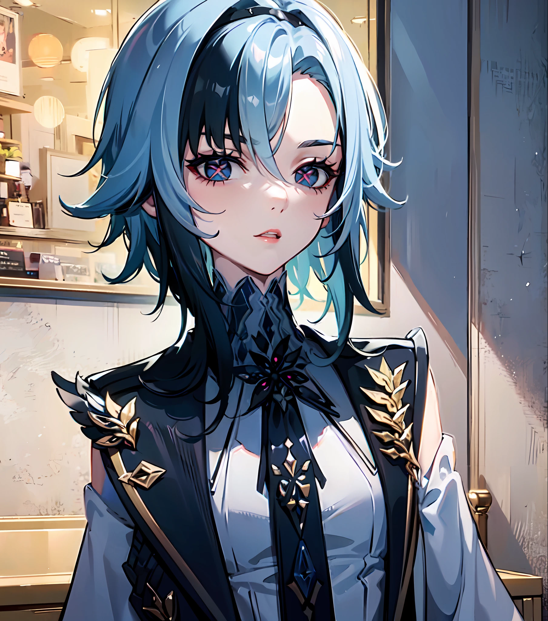 1girl, (solo:1.2), ((masterpiece)), slim, small chest, pale skin, ((detailed eyes)), (bokeh effect), white hair, black hair, (x-shaped pupils), short hair, interior, blue tie, hairband, (multicolored hair)