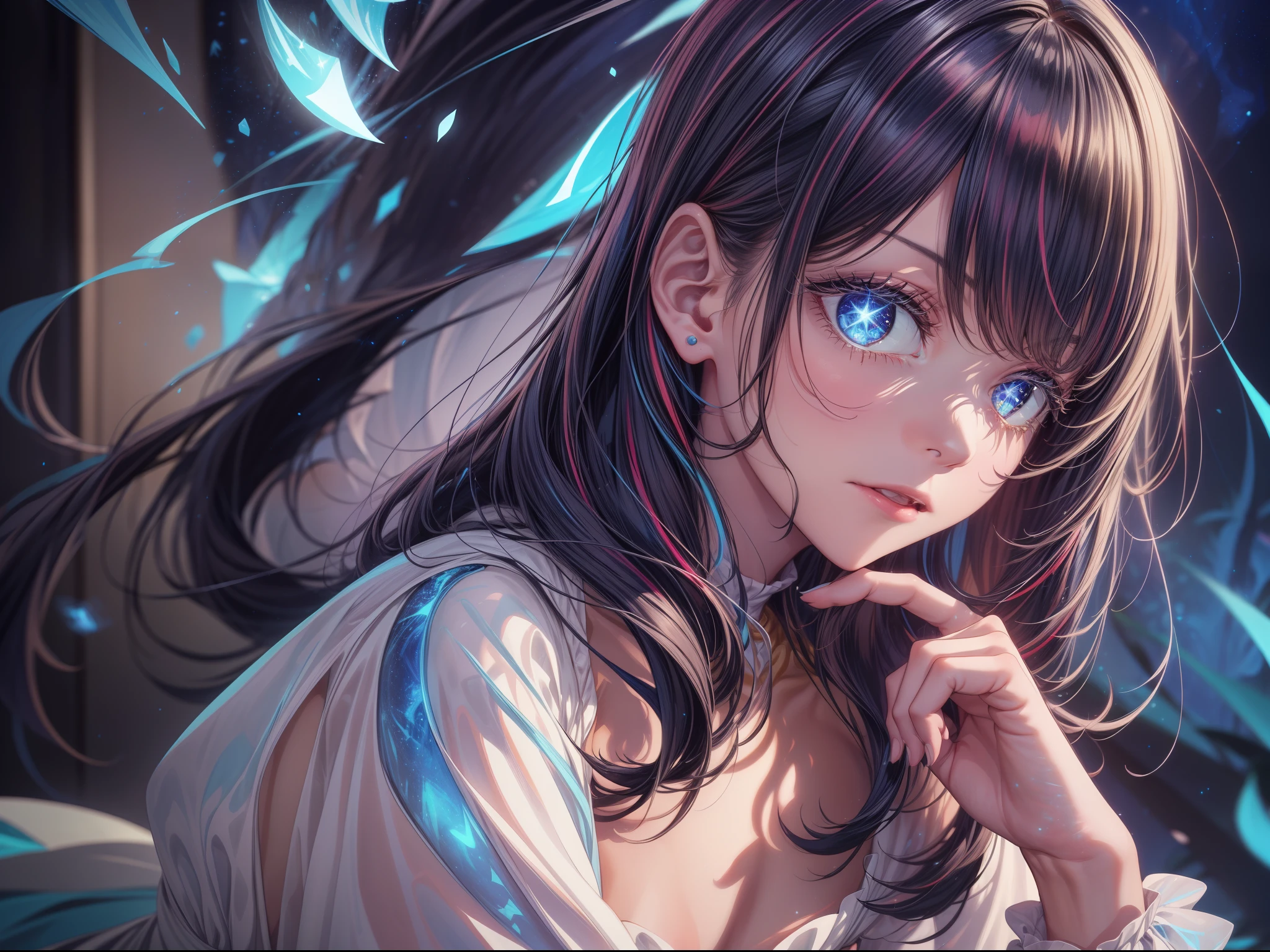 (шедевр)、the detail、in 8K、((Photo from the waist up))、((Blue glowing magic is emanating from the hand))、Girl in tight white base dress、short dark hair、Colorful inner hair、Realistic and sharp details、portrait shooting、Super Intricate Details、Ultra-fine details、Stay outside、