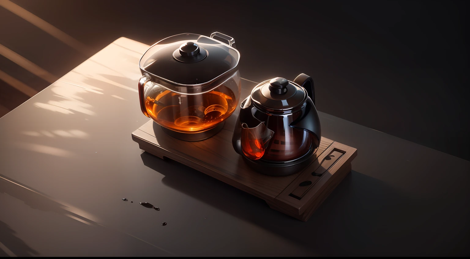 Two kettles were placed on the tea tray,industrial design,E-commerce product photography,Traditional Chinese cultural background,Ice cracked porcelain is placed next to it,Ultra-realistic product photography,contrast of light and shadow,exquisite detailing --auto