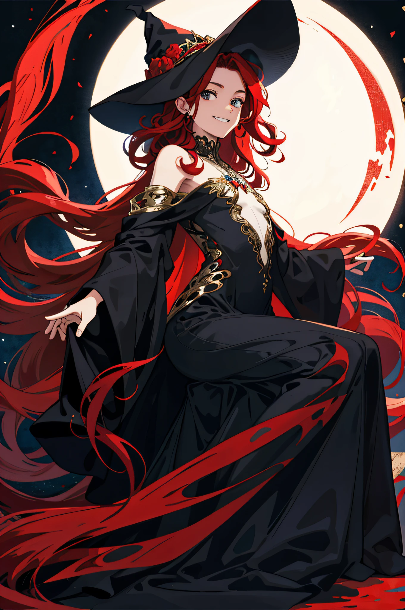 Masterpiece, best quality, 1 male, teenager, delicate eyes, long curly red hair, delicate face, intricate details, smile, gentle smile, black witch dress, wizard hat, dark night, red moon, naked, bare shoulders, full body