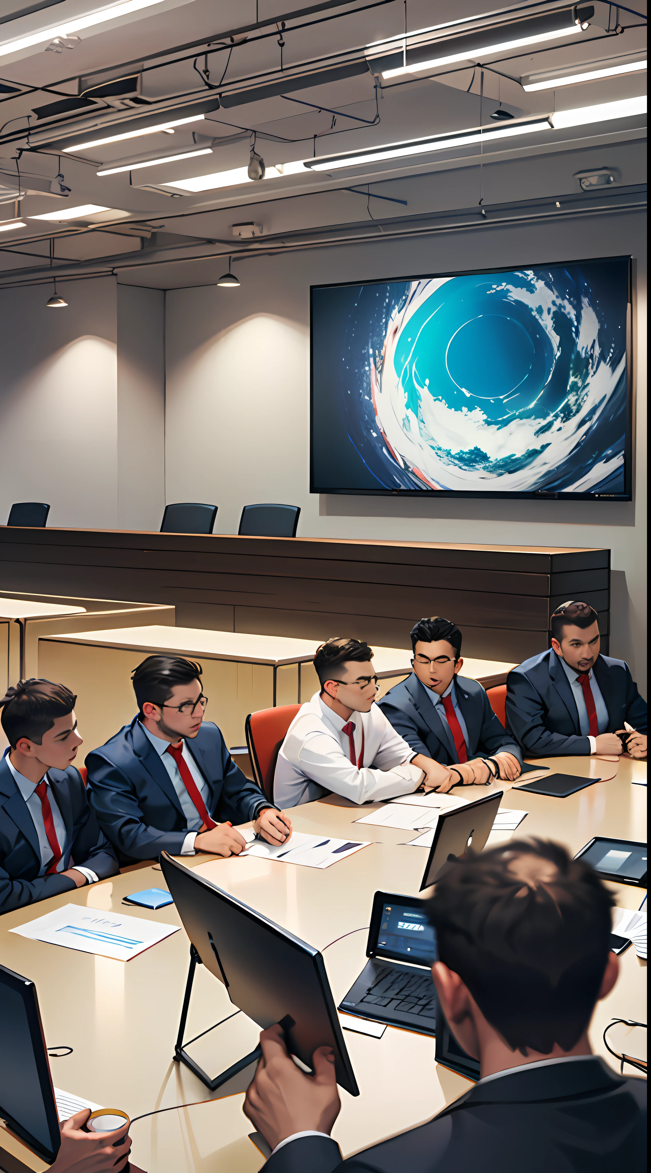 A spacious and bright conference room,The conference table was filled with more than 10 boys,The boys were talking about it,, 8k, super detail, ccurate, best quality