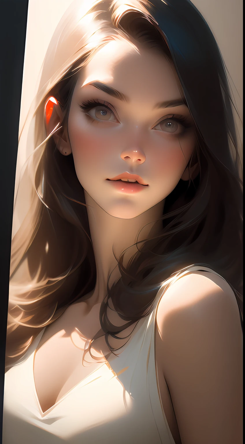 (Hyper-real), (illustartion), (HIGH RES), (8K), (extremely detail), (best illustrations), (BEAUTIFUL DETAILED EYES), (best best quality), (super cum-detailliert), (MasterPiece), ( ,desktop wallpaper), (Detailed face), Milky white,fair skin,High Detail skin, Realistic Skin Details, visible pores,(dynamicpose),1 girl,The art of John Collier and Albert Obright and Krenz Kusart and Artem Demura,open shoulders,A shallow smile,Cameltoe,HALF-body, Perfect Scale ,leisure wear