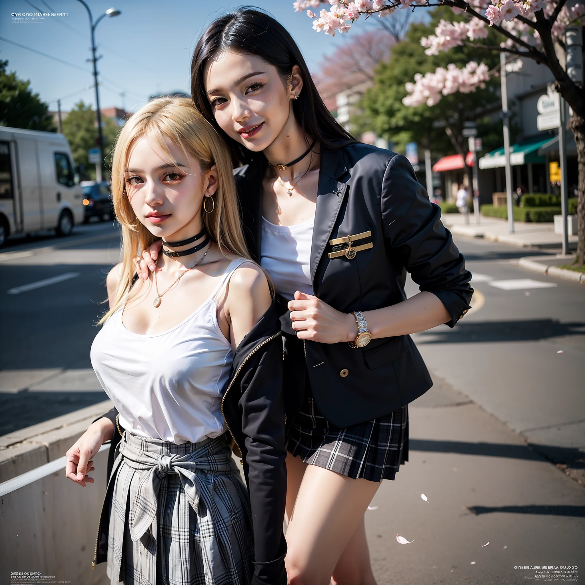 masterpiece, best quality, full body, 1girl, bangs, black choker, black necktie, blonde hair, blue skirt, blush, bracelet, breasts, choker, clothes around waist, collarbone, collared shirt, cowboy shot, dress shirt, ear piercing, eyebrows visible through hair, gradient hair, grin, gyaru, jewelry, kogal, long hair, looking at viewer, loose necktie, necktie, piercing, plaid, plaid skirt, pleated skirt, red eyes, ring, school uniform, shirt, skirt, smile, solo, white shirt, street, sky, cherry blossoms, petals,illustration, (magazine:1.3), (cover-style:1.3), fashionable, woman, vibrant, outfit, posing, front, colorful, dynamic, background, elements, confident, expression, holding, statement, accessory, majestic, coiled, around, touch, scene, text, cover, bold, attention-grabbing, title, stylish, font, catchy, headline, larger, striking, modern, trendy, focus, fashion,