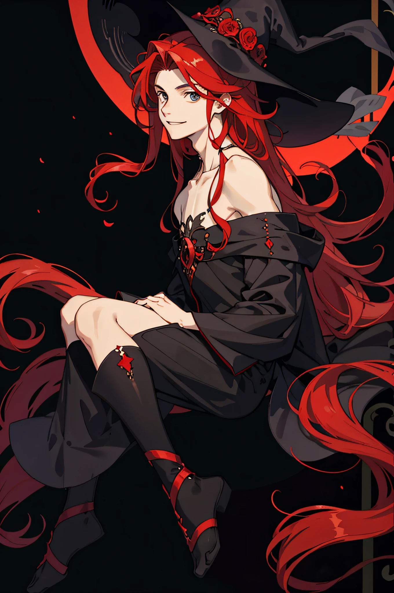 Masterpiece, best quality, 1 male, teenager, delicate eyes, long curly red hair, delicate face, intricate details, smile, gentle smile, black witch dress, wizard hat, dark night, red moon, black background, naked, bare shoulders, full body
