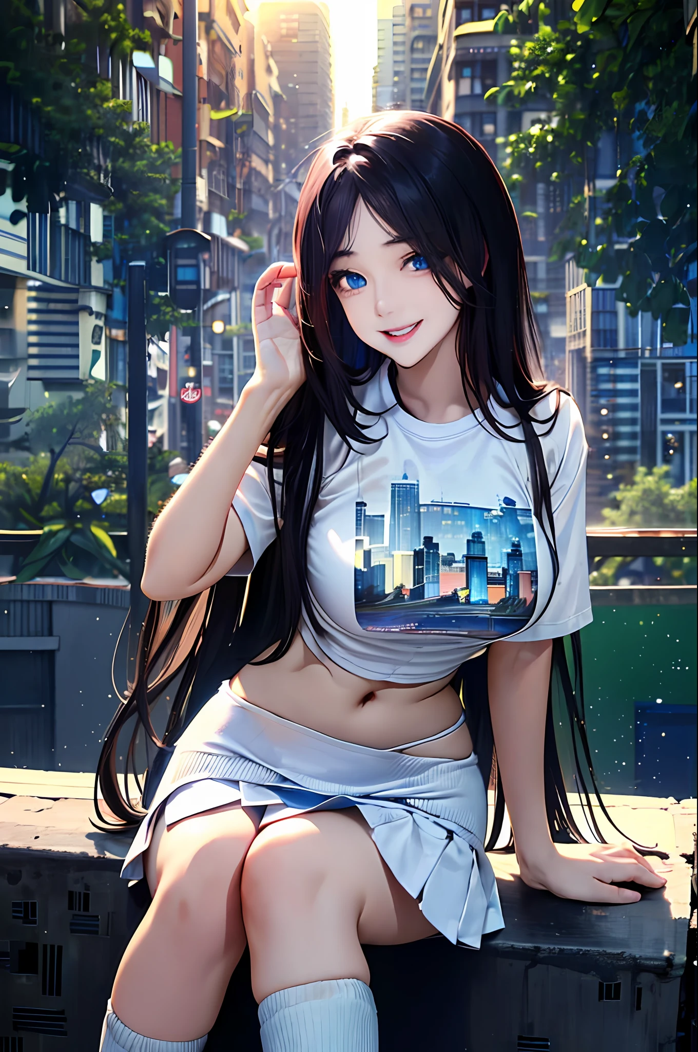 official art, masterpiece, sharp focus, (beautiful gorgeous cute Korean woman:1.3), (beautiful cute korean:1.3), korean beauty, Delicate and beautiful hair and eyes and face, realistic, ultra detailed, beautiful girl, blue sky, glow white particle, (sidelighting:1.2), sun light, white cloud, detailed clouds, slender, Lovely very large breasts and very large hips, smile with teeth, ((smile with eyes, open both eyes)), scenery, long straight hair, sexy facial expression, building, (cityscape:1.7), dynamic hair, long straight hair, detailed platinum pink hair, glow blue eyes, (blue pleated shirts + white skirt), white long socks, pale skin, hair ornament, epic scenery,