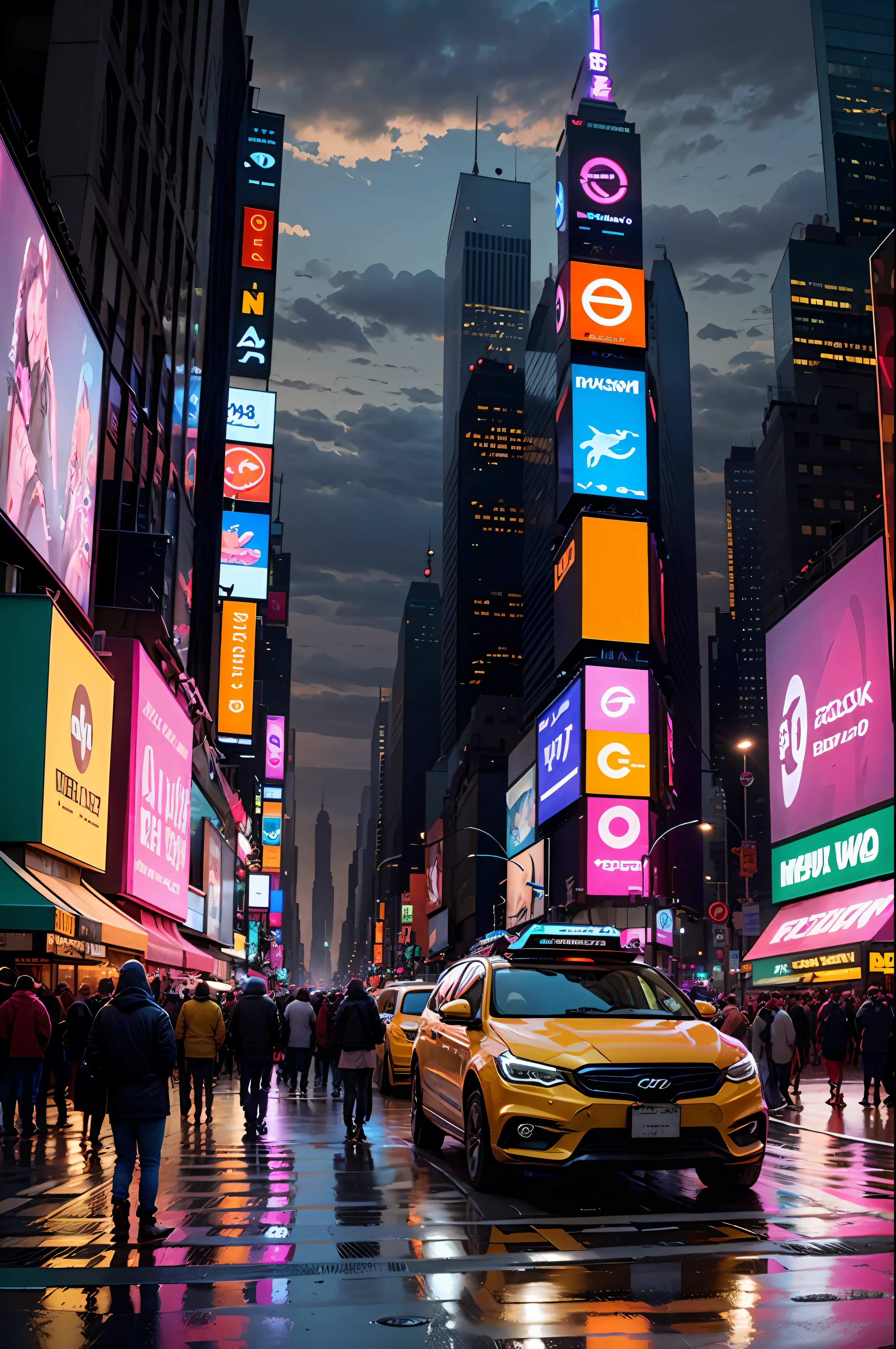 a view of a city street with cars and neon signs, new york streets, street of new york, new york streets, time square, times square, post-apocalyptic times square, new york city, in the middle of new york, new york in the future, in time square, the city that never sleeps, busy streets, new york city background --auto