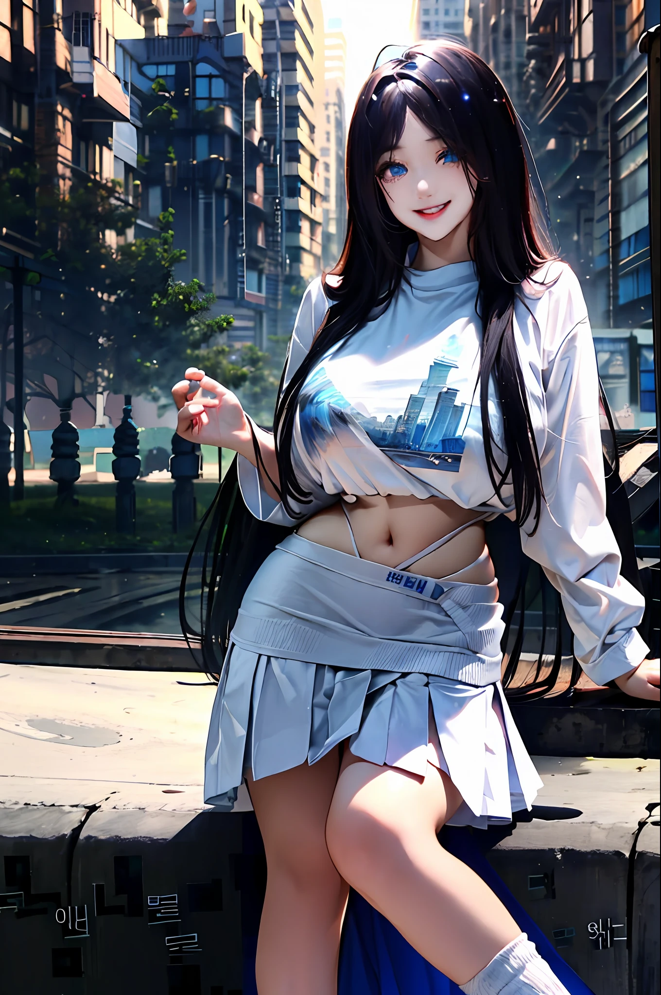 official art, masterpiece, sharp focus, (beautiful gorgeous cute Korean woman:1.3), (beautiful cute korean:1.3), korean beauty, Delicate and beautiful hair and eyes and face, realistic, ultra detailed, beautiful girl, blue sky, glow white particle, (sidelighting:1.2), sun light, white cloud, detailed clouds, slender, Lovely very large breasts and very large hips, smile with teeth, ((smile with eyes, open both eyes)), scenery, long straight hair, sexy facial expression, building, (cityscape:1.7), dynamic hair, long straight hair, detailed platinum pink hair, glow blue eyes, (blue pleated shirts + white skirt), white long socks, pale skin, hair ornament, epic scenery,