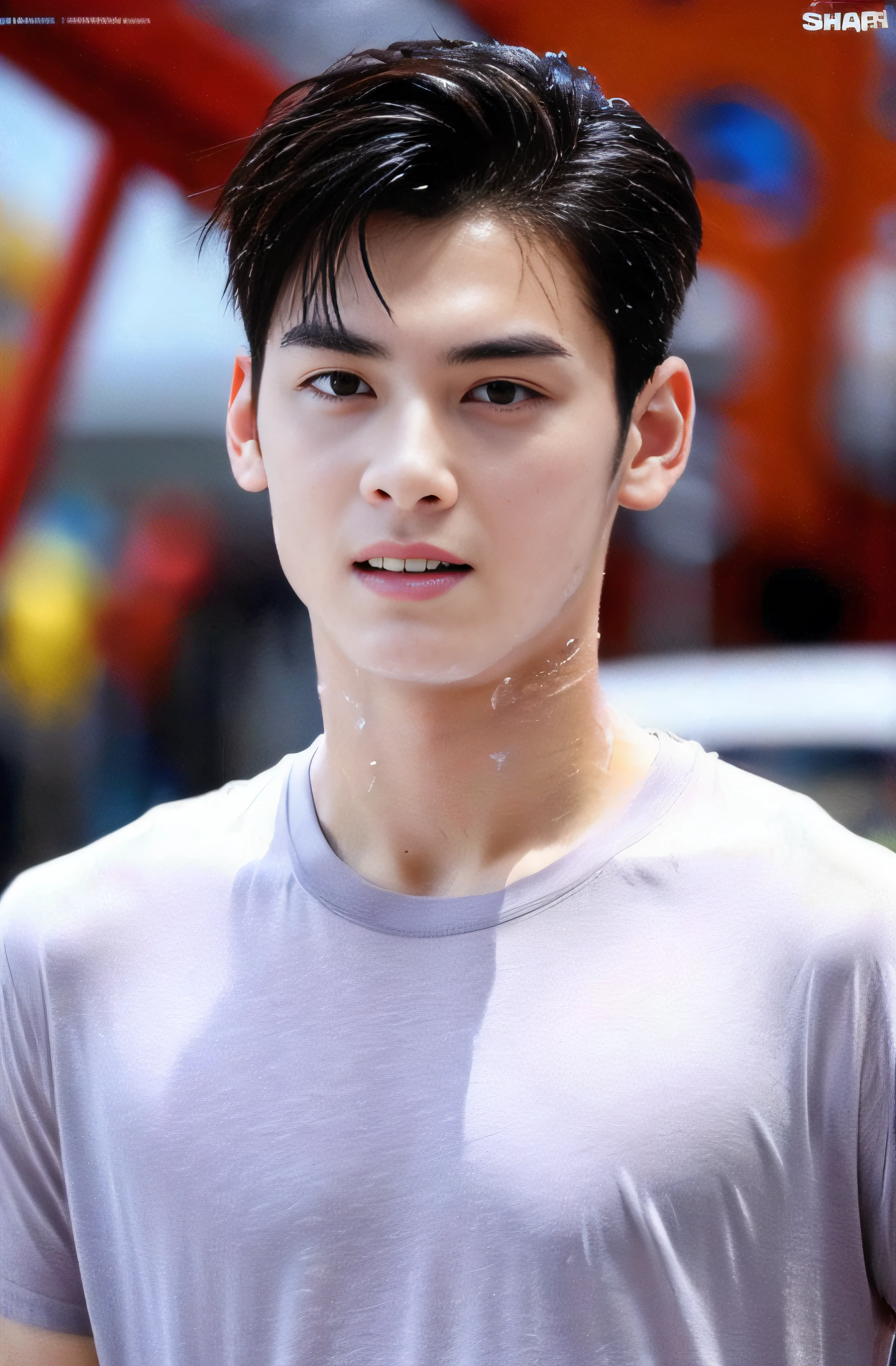 1boy, Italian man, young (male:1.5), grey eyes, slender eyes, (detailed eyes:1.3), (very short hair:1.3), under_cut, Pompadour, see-through:1.3 ((wet skinny T-shirt)), ((handsome, sharp, wild facial features,))), (robust muscular body), (robust physique), enjoying, dynamic shot, amusement waterpark background, 
eunwoo,