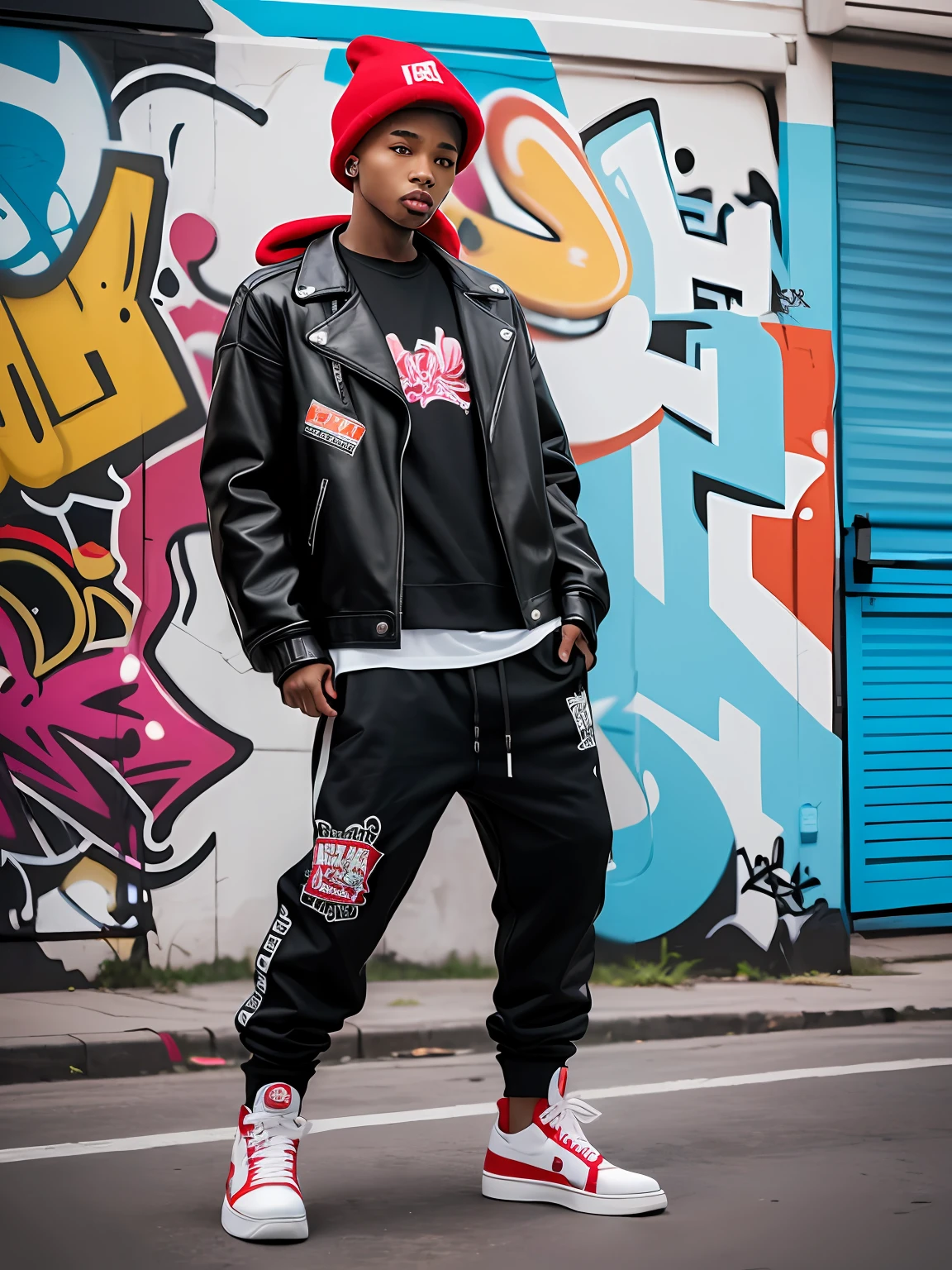 ((cool boy)),hip hop clothes,baggy pants,leather jacket,red sneakers,bonnet hat,streetwear style,dynamic pose,graffiti background.