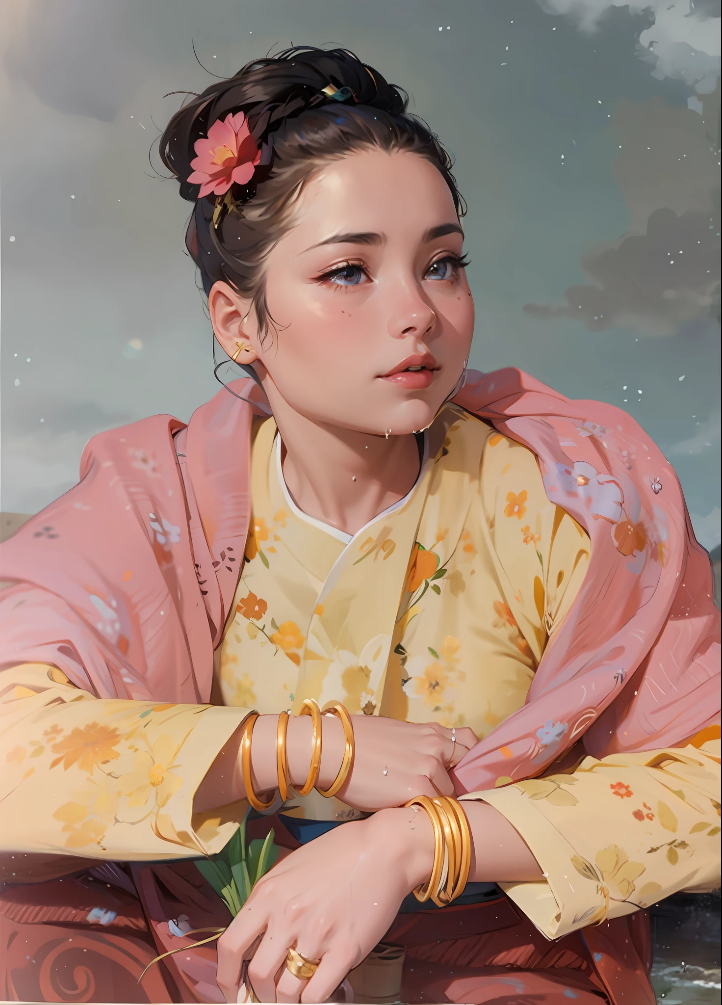 1girl, breasts, moon, lantern, night, solo, large breasts, hair ornament, wet, kimono, japanese clothes, wading, water, hair flower, flower, outdoors, sky, full moon, rain, black hair, off shoulder, mountain, cloud, holding, sash, bare shoulders, paper lantern, standing, white kimono, night sky, sideboob, obi, wet clothes, bangs, tree, from side, reflection, short hair, cloudy sky, wet hair (((masterpiece),(extremely detailed CG unity 8k wallpaper),best quality,,solo,1girl,cinematic lighting,detailed background,beautiful detailed eyes,bright pupils, (an extremely delicate and beautiful),(Beautiful and detailed eye description), ultra-detailed,masterpiece,)),
