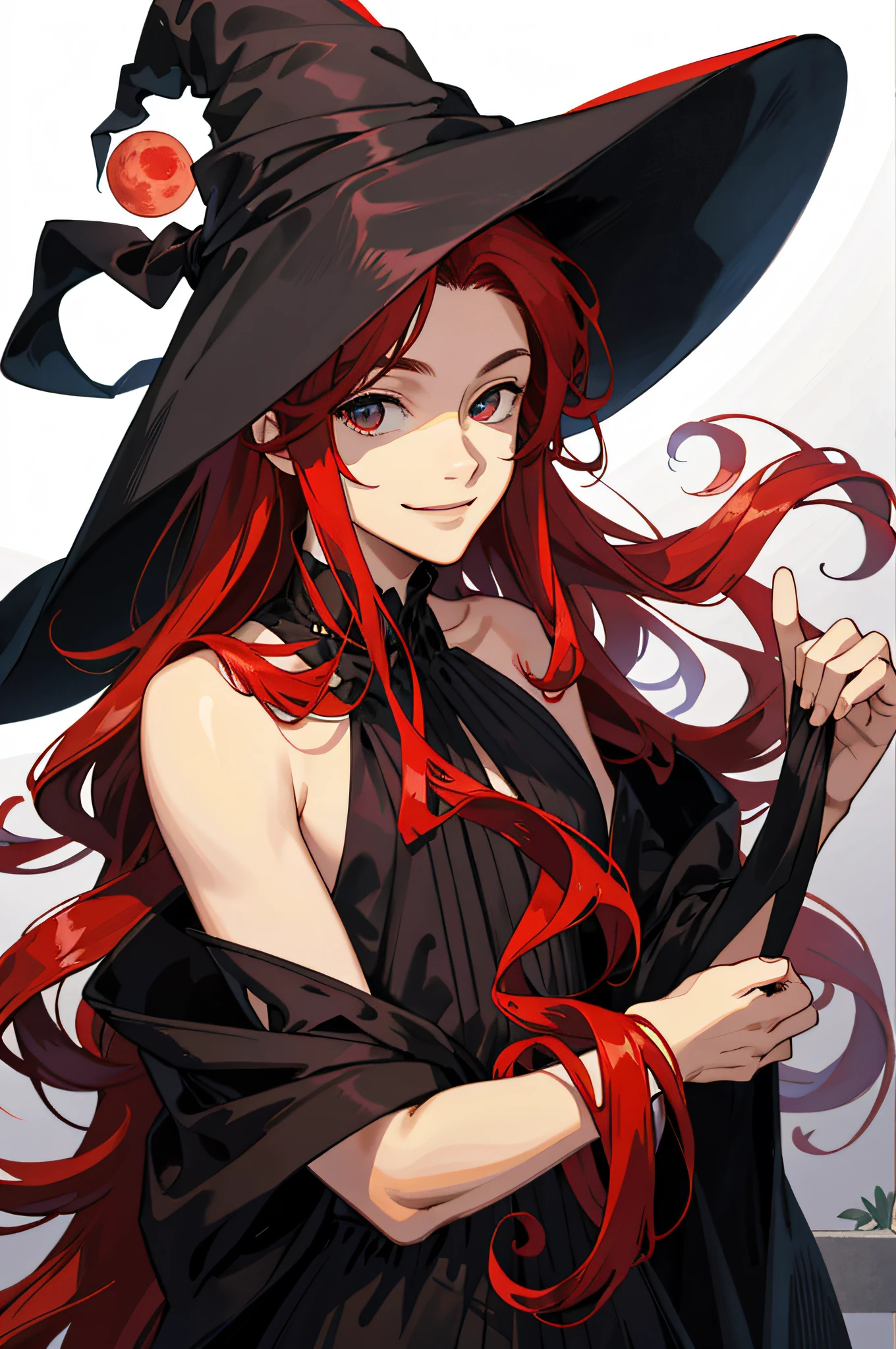Masterpiece, best quality, 1 male, teenager, delicate eyes, long red curly hair, delicate face, smile, gentle smile, black witch dress, wizard hat, dark night, red moon, naked, bare shoulders