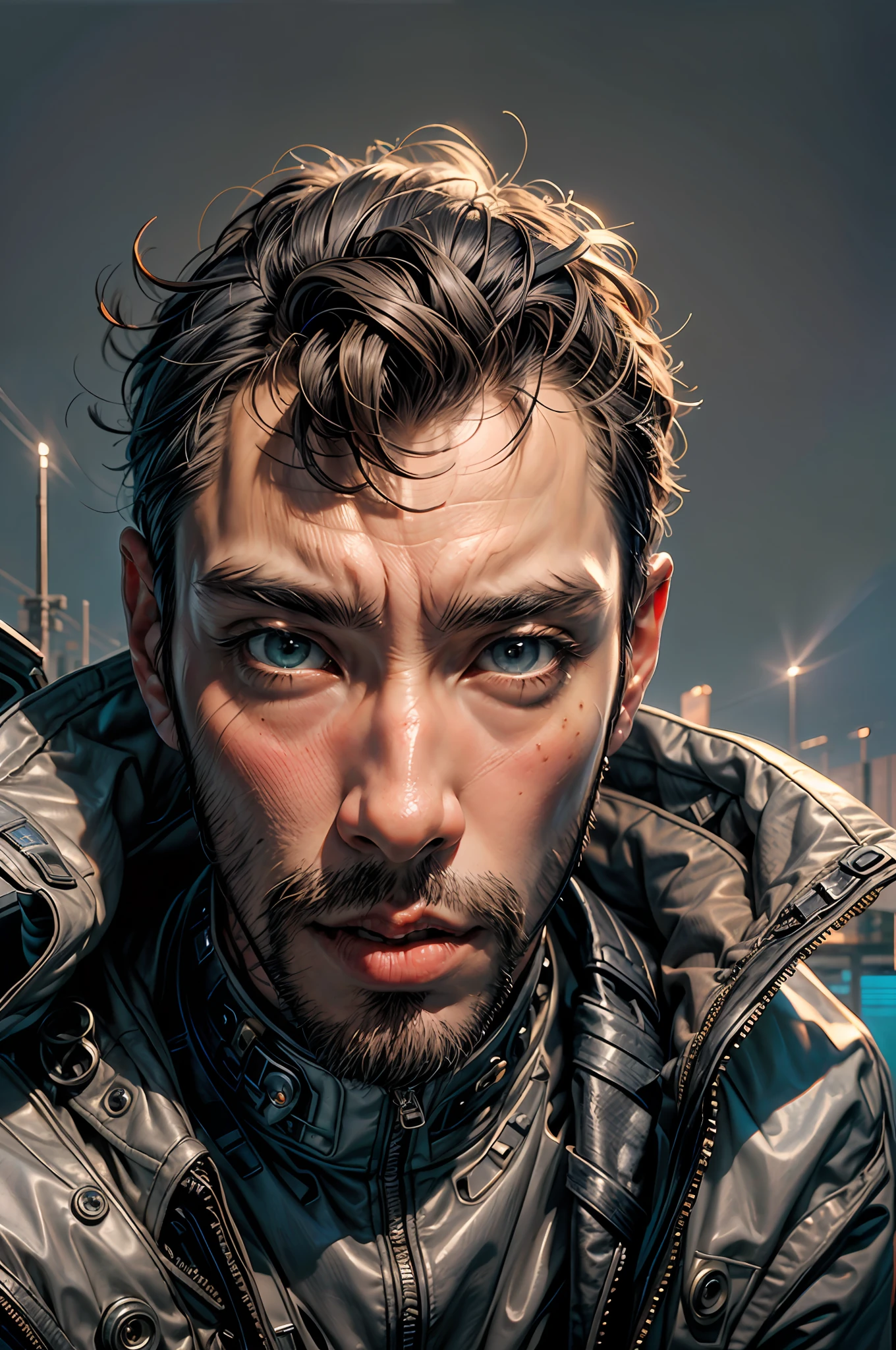 MagazineCover,Realistic,photo,35mm,Cinematic(1 man with Super Puffer Balenciaga jacket short hair,neck tattoos)colorful background graphite,ultrasharp