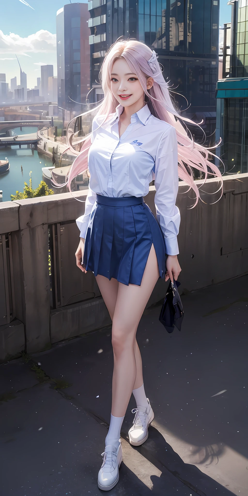 Official fine art,masterpaintings,Sharp focus,(Beautiful gorgeous and cute Korean leg model:1.3),(Beautiful and cute Korean leg model:1.3),Korean beauty,Delicate and beautiful hair and eyes and face,slimfigure,Sexy perfect body,Huge breasts,realisticlying,hyper detailled,a beautifulchi girl,blue-sky,Glowing white particles,(side-lighting:1.2),sun beam,baiyun,Detailed clouds,Slender legs,Toothy laughter,((Laugh and open your eyes)),scenecy,Long straight hair, sexy facial expression, architectural, (Cityscape:1.7), Dynamic hair, Long straight hair, Delicate platinum-pink hair, glow blue eyes, (blue pleated shirt+whitish skirt), long white socks, paleskin, hair adornments, epic landscapes,