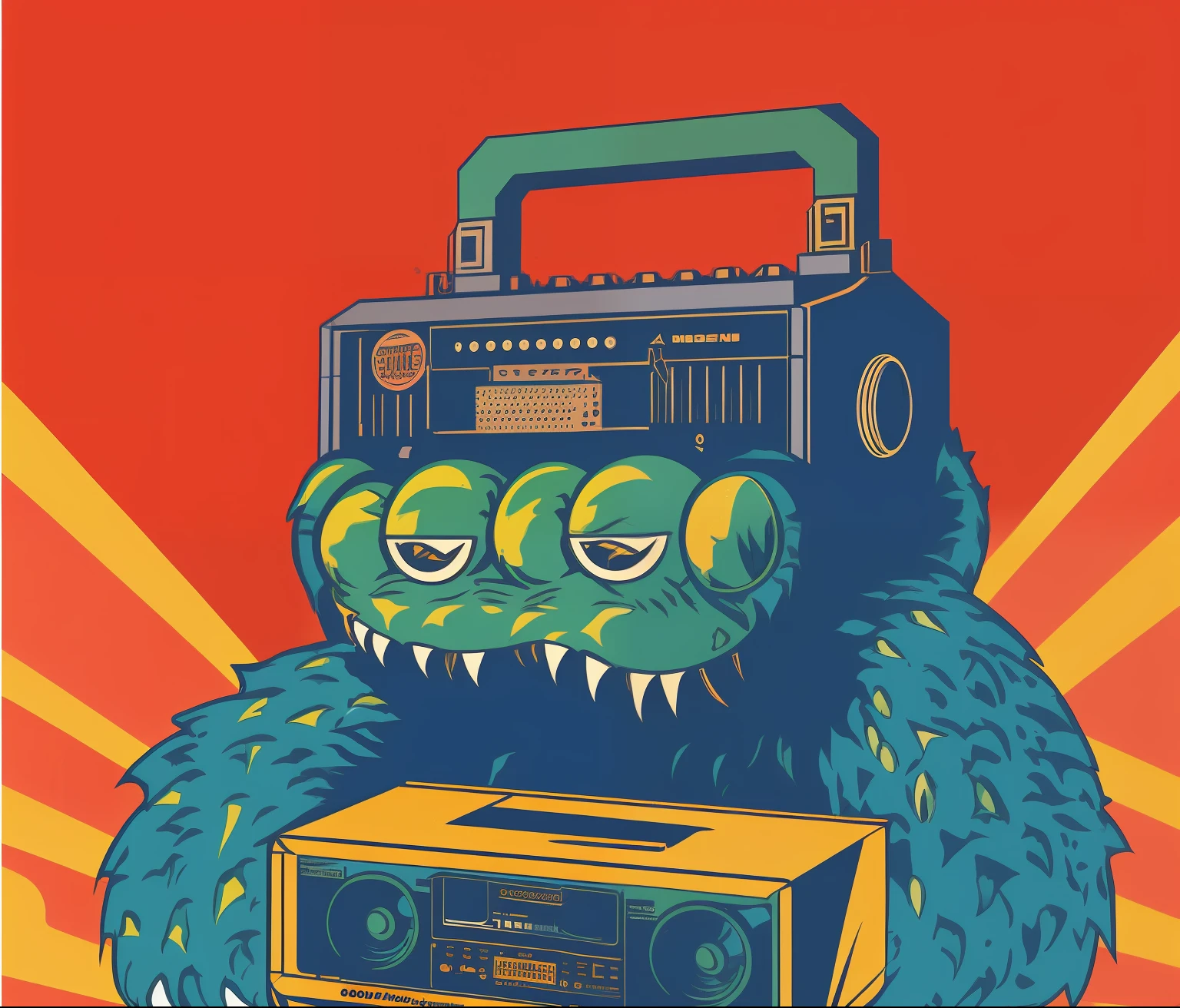 ((CCCP Poster, Soviet Poster)) ( (((a monster creature))), sitting on the floor, holding, a boombox with a radio on top of it, boombox, ghetto blaster, big ghetto blaster, tape deck, lofi hip hop, audio equipments, cassette, retro technology, nostalgic vibes, 1 9 8 0 s tech, radios, vintage - w 1 0 2 4, from the 8 0 s) propaganda Poster, poster, Poster design, poster art style. 1980s, 1950s, 1960s, basic colour scheme, Very colourful poster, colour art, thirds rule, inspiring,