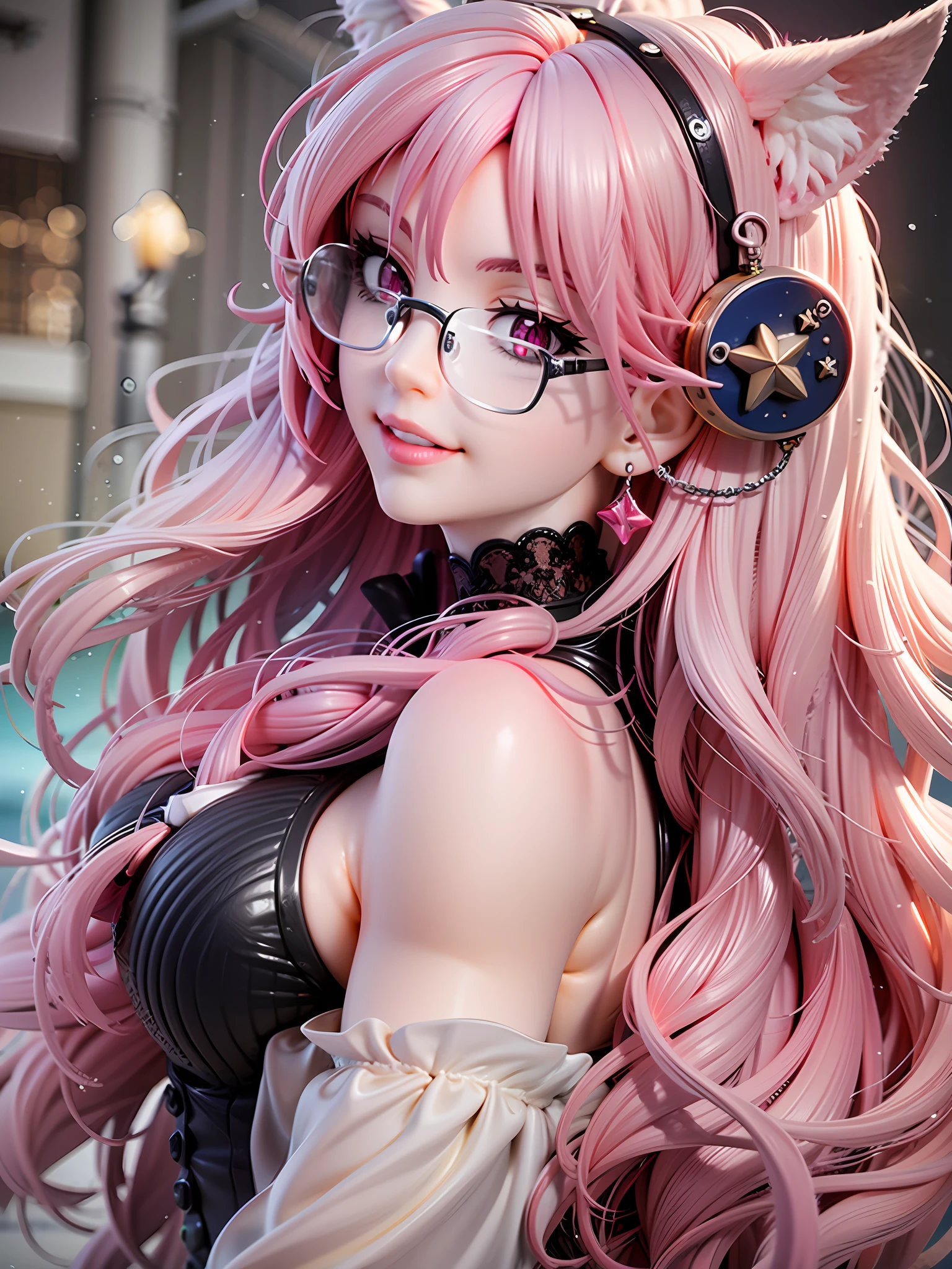 1girl in、Face seen from the side、lovly、Pink hair、length hair、Cheeky、耳Nipple Ring、Pink eyes、fox ear、a smile、black sleeveless clothes、