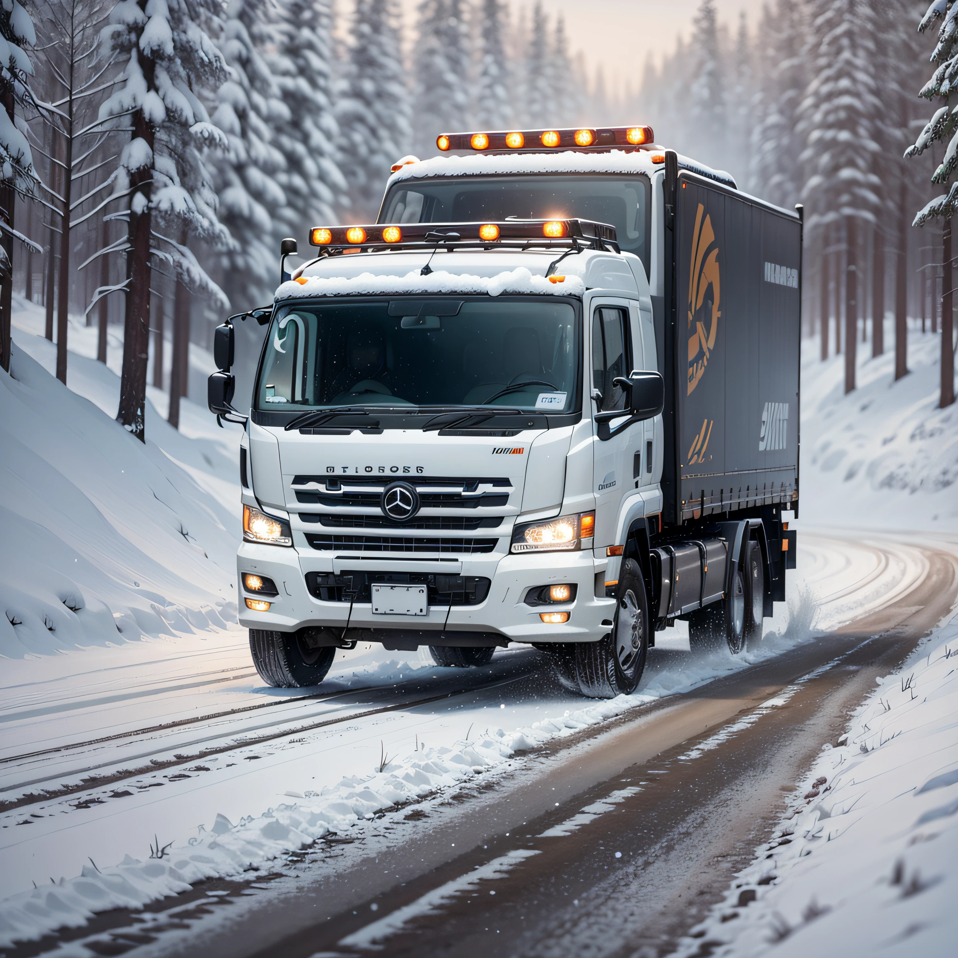 8K，Best Quority，masterpaintings，realisticlying，photo-realistic。The background is a vast field of snow，There is a heavy truck galloping。 --auto