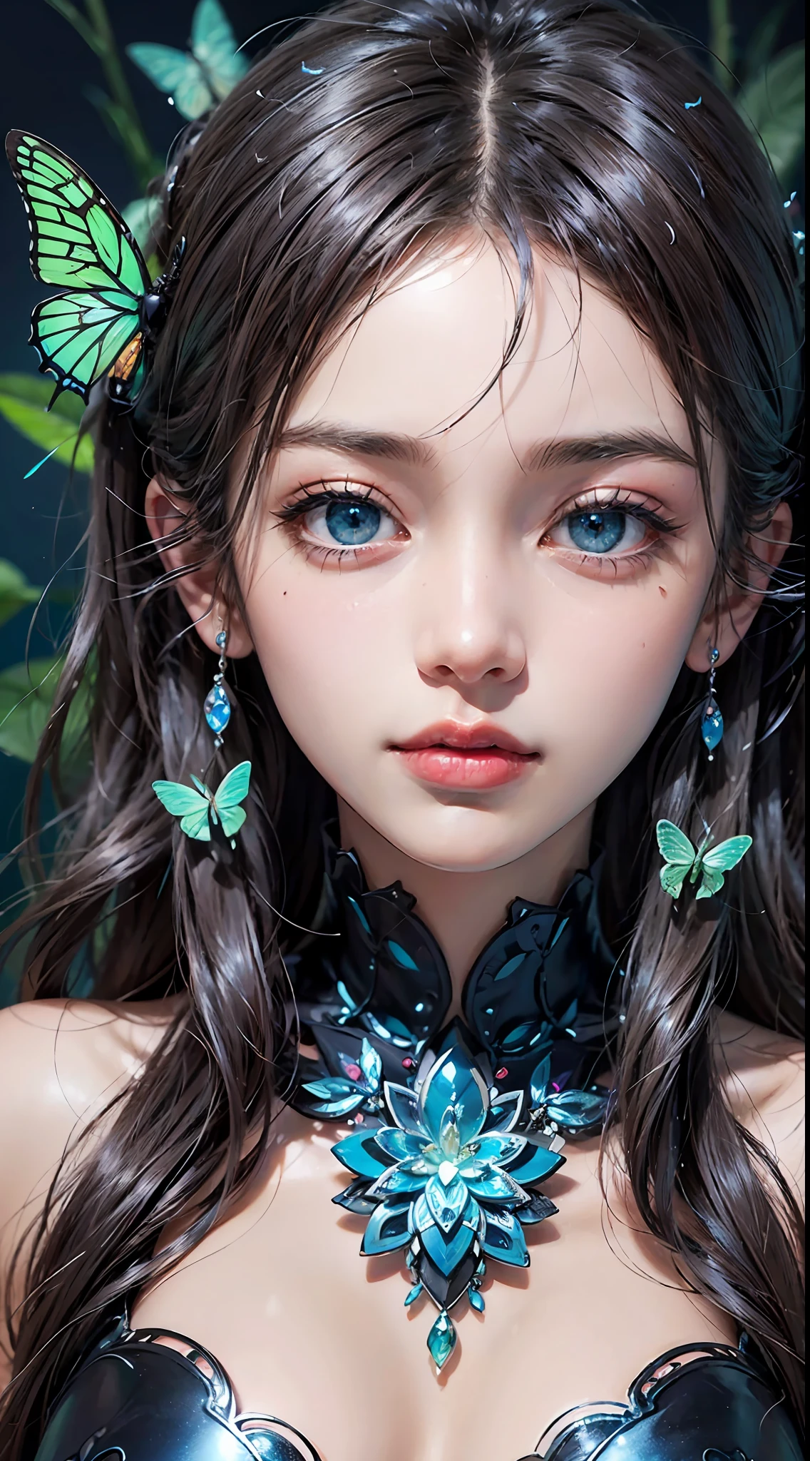 （masterpaintings：1.1），（HighestQuality：1.1），（hdr：1.0），ambiant light，Ultra high quality，（ultra detailed original illustration），（1girl huge large breasts，Upper body body），（（Human dazzle，flower eyes）），Doubleexposure，A fusion of fluid abstract art，Movie Lamp, Detailed face, (Detailed eyes), Clean face，blue eyess，Neon tiny glowing ends，Glowing plant with neon details，light reflections，heart shaped iris、Playful eyes、tiny glowing butterflies、hair adornments，Hitch，（Original illustration composition），（Limited color blending，Maximalism artstyle，Geometric artstyle，butterflys