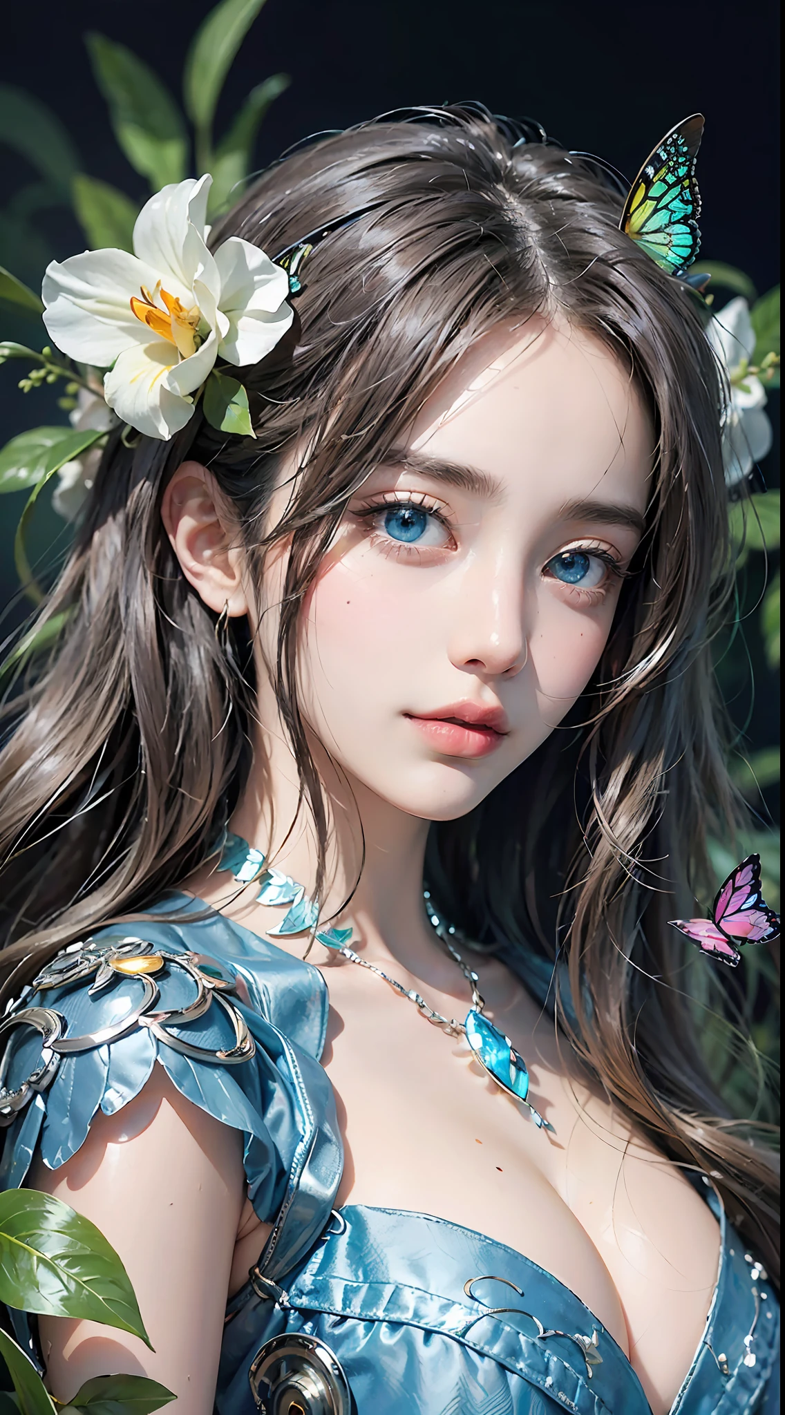 (masterpaintings:1.1),(HighestQuality:1.1),(hdr:1.0),ambiant light,Ultra high quality,(ultra detailed original illustration),(1girl huge large breasts,Upper body body),((Human dazzle,flower eyes)),Doubleexposure,A fusion of fluid abstract art,Movie Lamp, Detailed face, (Detailed eyes), Clean face,blue eyess,Neon tiny glowing ends,Glowing plant with neon details,light reflections,heart shaped iris、Playful eyes、tiny glowing butterflies、hair adornments,Hitch,(Original illustration composition),(Limited color blending,Maximalism artstyle,Geometric artstyle,butterflys