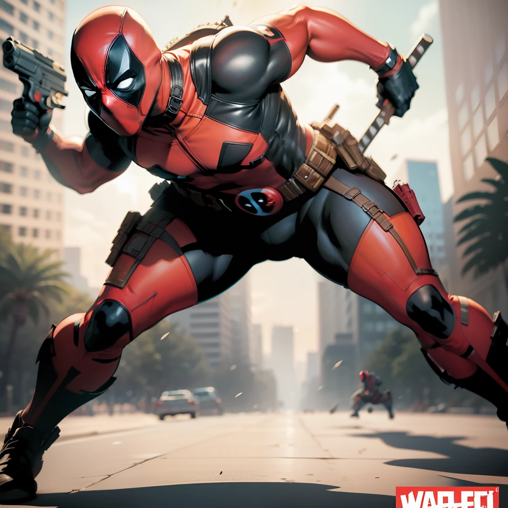 Full body 80s style comic book deadpool in action pose with thick white outline and sticker look