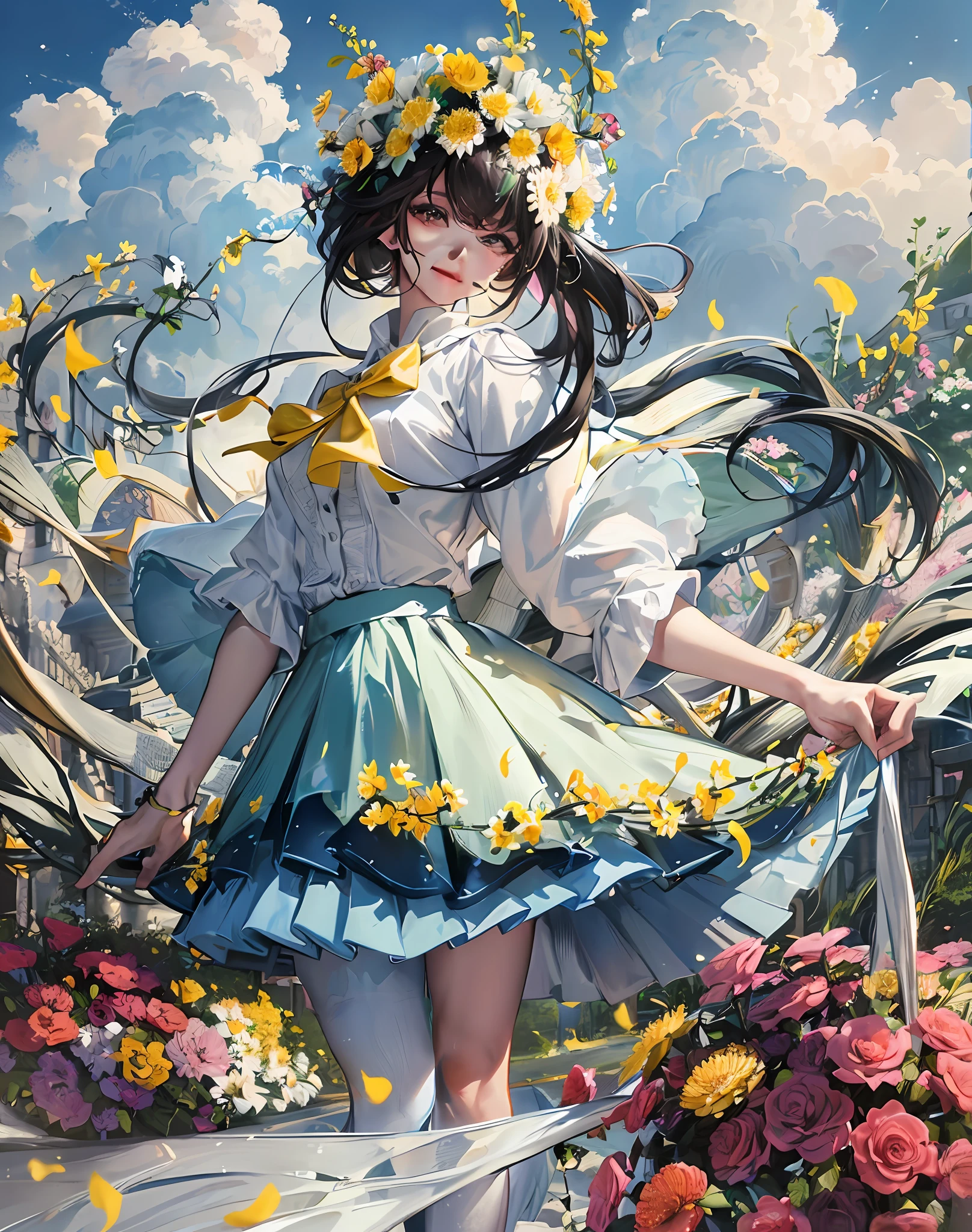 Best quality, masterpiece, high image quality, 1 girl, half, blush, (alluring smile: 0.8), white clothes, blue pleated skirt, skirt with lace, black hair, ribbon, beautiful face, smile, showing teeth, flowers blooming on both sides of the road, yellow chrysanthemums, red flowers, green grass, spring, white clouds, full body, intense light and shadow, photographic effects, realistic, edge lighting, two-tone lighting, (high detail skin: 1.2), 8k ultra high definition, DSLR, soft lighting, high quality, volumetric lighting,Capture, Photo, High Resolution, 4K, 8K,