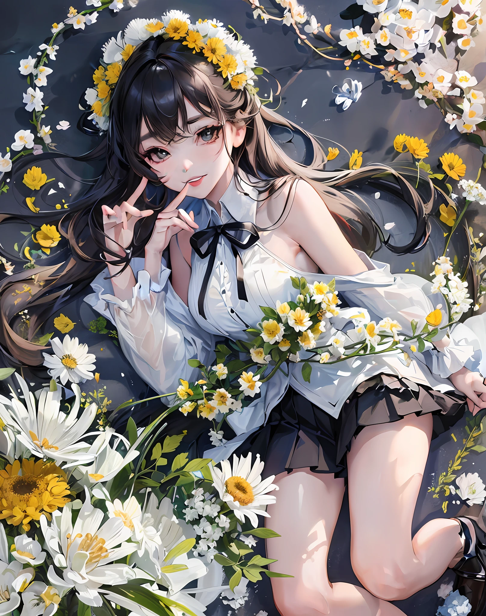 Best quality, masterpiece, high image quality, 1 girl, half, blush, (alluring smile: 0.8), white clothes, blue pleated skirt, skirt with lace, black hair, ribbon, beautiful face, smile, showing teeth, flowers blooming on both sides of the road, yellow chrysanthemums, red flowers, green grass, spring, white clouds, full body, intense light and shadow, photographic effects, realistic, edge lighting, two-tone lighting, (high detail skin: 1.2), 8k ultra high definition, DSLR, soft lighting, high quality, volumetric lighting,Capture, Photo, High Resolution, 4K, 8K,
