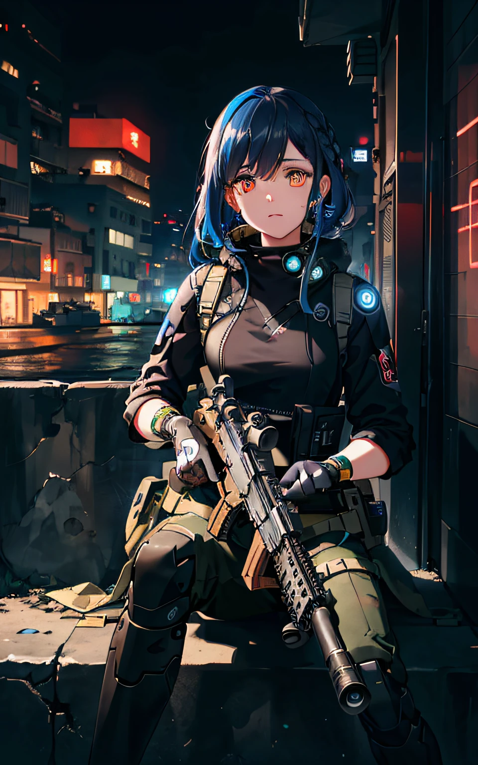 ((masterpiece, ultra detailed CG, 8K wallpaper)), (colorful hair), cyberpunk, mission failed, crying, 1girl, sniper, detailed beautiful face, sitting, night city, (Self-illumination blue light on the body), red neon lights in the background, detailed cyborg golden eye, using Barrett M82A1 rifle, resting against the rifle
