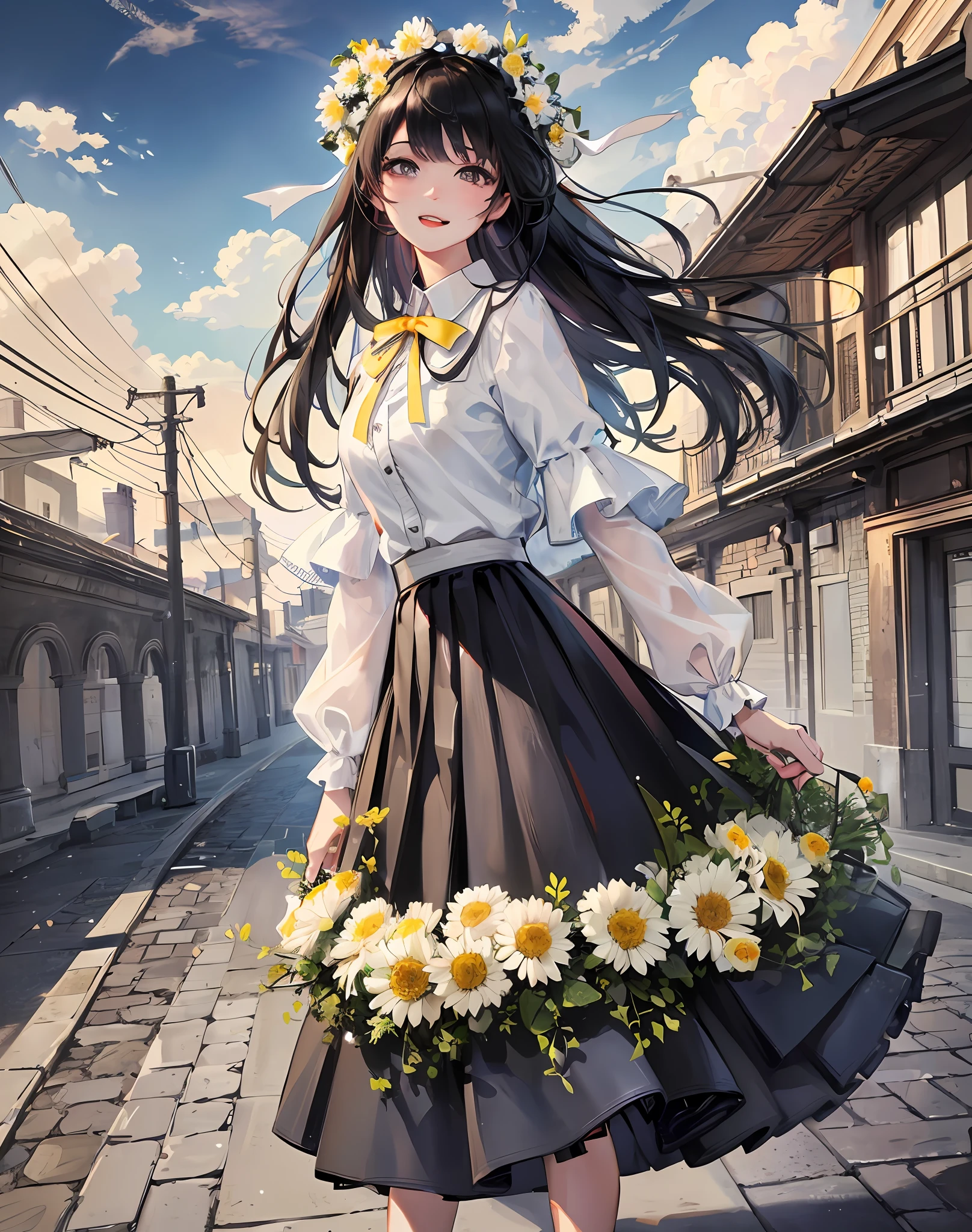 Best quality, masterpiece, high image quality, 1 girl, half, blush, (alluring smile: 0.8), white clothes, blue pleated skirt, skirt with lace, black hair, ribbon, beautiful face, smile, showing teeth, flowers blooming on both sides of the road, yellow chrysanthemums, red flowers, green grass, spring, white clouds, full body, intense light and shadow, photographic effects, realistic, edge lighting, two-tone lighting, (high detail skin: 1.2), 8k ultra high definition, DSLR, soft lighting, high quality, volumetric lighting,Capture, Photo, High Resolution, 4K, 8K,