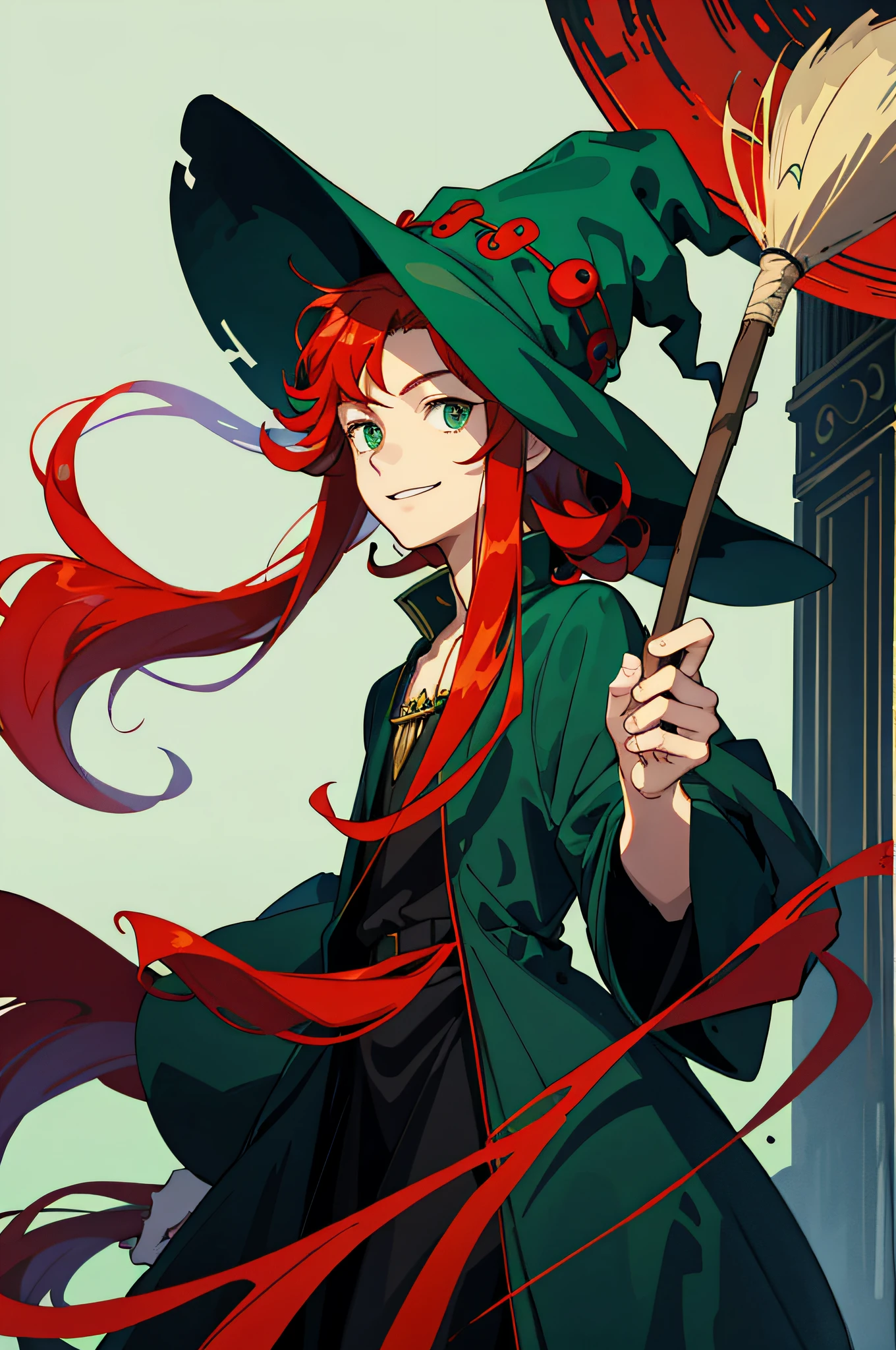 Masterpiece, best quality, 1 male, teenager, delicate eyes, long red curls, green eyes, delicate face, smile, black witch dress, wizard hat, broom, red moon