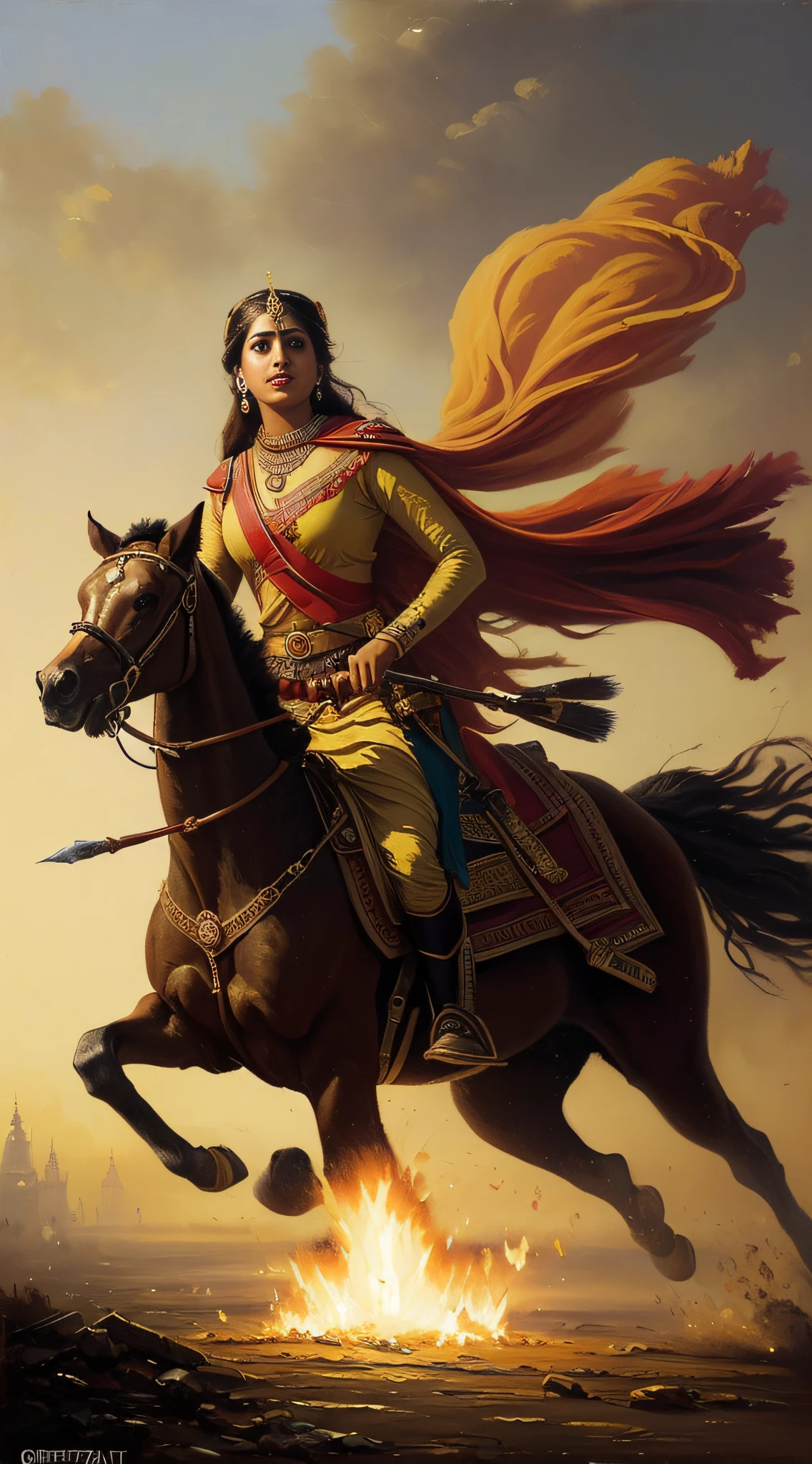 (masterpiece, best quality, oil painting by Greg Rutkowski:1.4), Rani Lakshmibai, (brave expression:1.2), traditional 19th-century Indian battle attire, (richly adorned:1.2), son tied securely on her back, galloping horse, leading her troops, vast battlefield, dust swirling, British forces in the distance, warm colors, heroic atmosphere, dynamic angle, front view, charging.