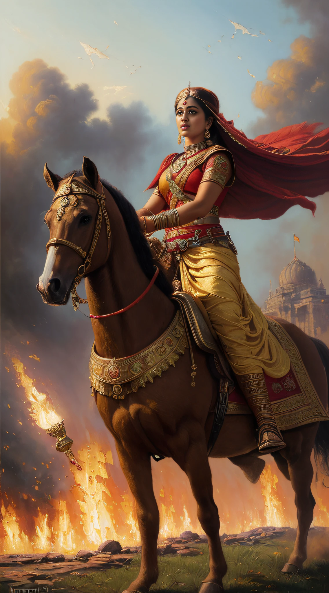 (masterpiece, high resolution, Greg Rutkowski's oil painting:1.3), Queen Rani Lakshmibai, (determined gaze:1.2), elaborate 19th-century Indian combat attire, (vibrant red and gold accents:1.2), young son safely strapped to her back, atop a charging steed, rallying her warriors, looming British cannons, smoky battlefield, dynamic perspective, diagonal shot, looking at viewer.