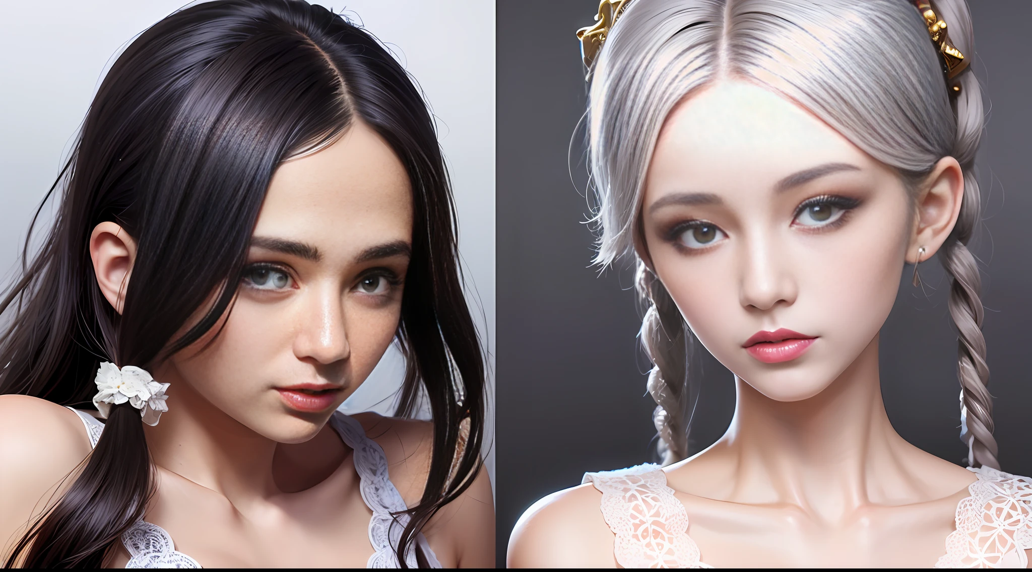 1girl huge large breasts，Nikon Z 85mm, ((Best quality)) ((巨作)), Complicated details, Clear focus, professinal, realisticlying, Real life, Hyper-realistic, photographrealistic, Silhouette light, finely detailled, the best quality, 非常详细的 CG 统一 8k 壁纸,Perfect artwork，Upper body body，shinny hair，gloweyes，shiny shiny skin，realisticlying，perfect female shape，big breasts thin waist，looking looking at viewer，Lace，seductively posed，sensual poses，Extremely refined and beautiful，Best quality，beautiful details girl，Beautiful eye details，Face lighting，cinematiclight，see-thru，White pajamas，Transparent material，revealing buttocks，Realistic representation of faces，（exquisitedetails，Makeup，（Delicate, Beautiful and delicate face，Delicate, Beautiful, Delicate eyes，Perfect proportions for one face, highdetailedskin, Delicate skin, Optimal ratio of four fingers and one thumb, The arms are under the chest, Medium large breasts, smooth abdomen, lo fashion, 独奏,(Young age), Facial highlights, All body in, Face with Detail,White-skinned、with silver hair、a horsetail、pigtails、big-eyed eyes、Silk robe、（Openwork pattern、silkouette）、耳Nipple Ring、slimfigure、Deluxe Room、Professional lighting、Tear Robes、1个Giant Breast Girl、smil，curled hairdo，The concubine lies，masterpaintings。