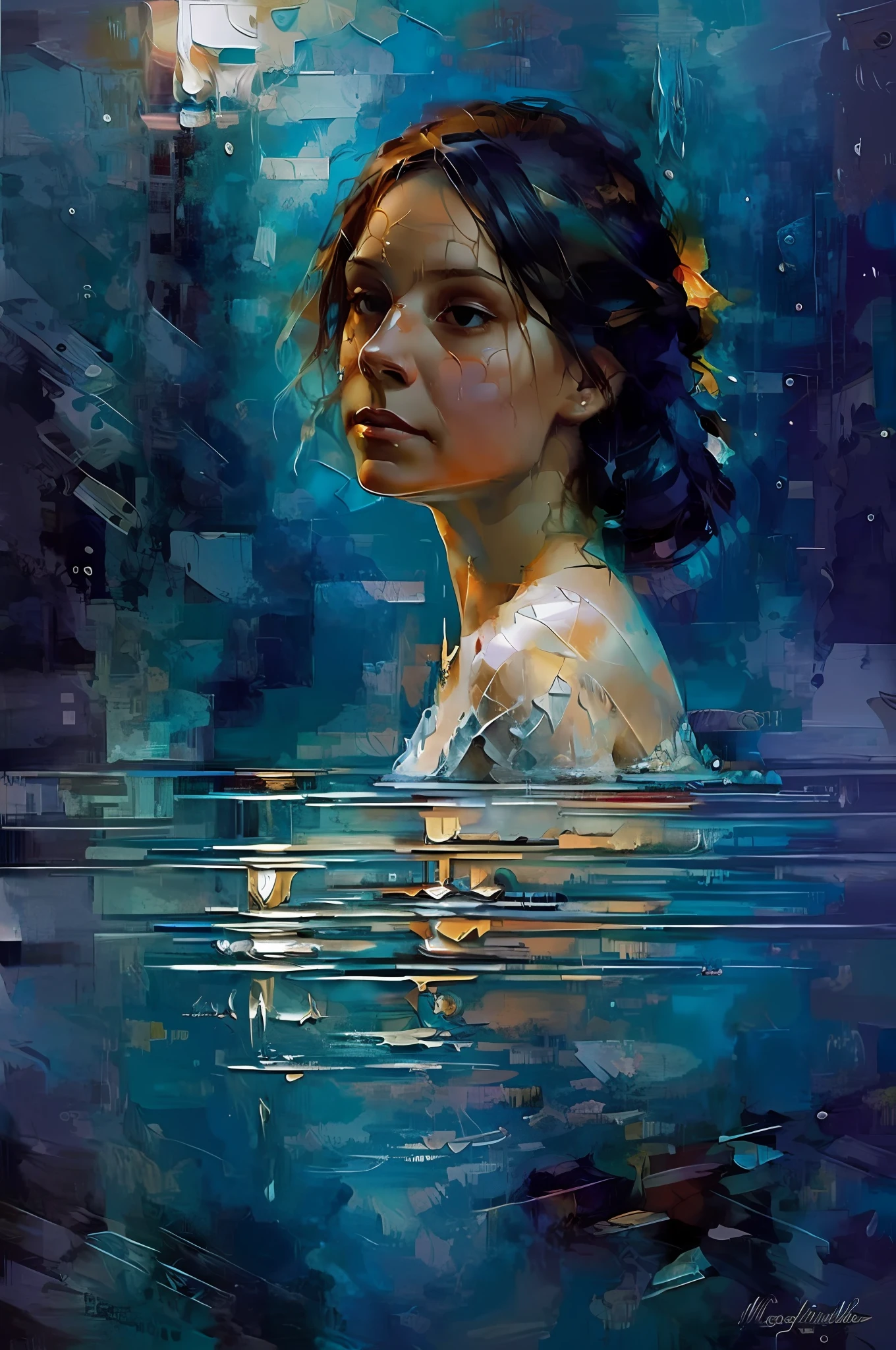 (Underwater) sinking dead (1woman) (under the water), in 19th century, beautiful painting with highly detailed face, fluid hair, flowing clothes, pale skin, reflections, by greg rutkowski and magali villanueve