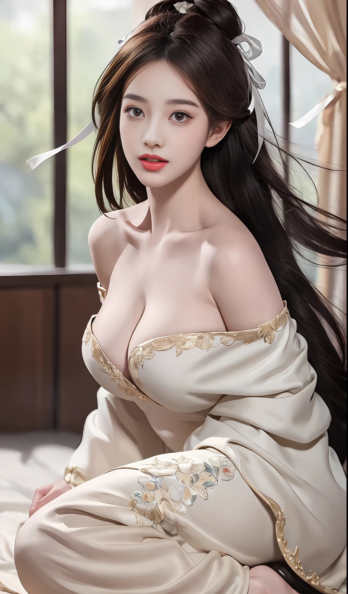 (Long hair: 1.6), floating hair, (white ribbon on hair), best quality, masterpiece, illustration, extremely delicate beauty, extremely detailed, CG, , 8k wallpaper, amazing, fine details, masterpiece, best quality, official art, extremely detailed CG Unity 8k wallpaper, ridiculous, incredibly ridiculous, huge file size, super detailed, high resolution, extremely detailed, beautiful detailed girl, extremely detailed eyes and face, beautiful detail eyes, light on face, whole body, (Full body), Masterpiece, Ultra Realistic, 32k, Extremely detailed CG Unity 8k wallpaper, best quality, (male and female cuddles), man muscular naked, woman sexy, cleavage, off-the-shoulder, sexy, bare legs, standing