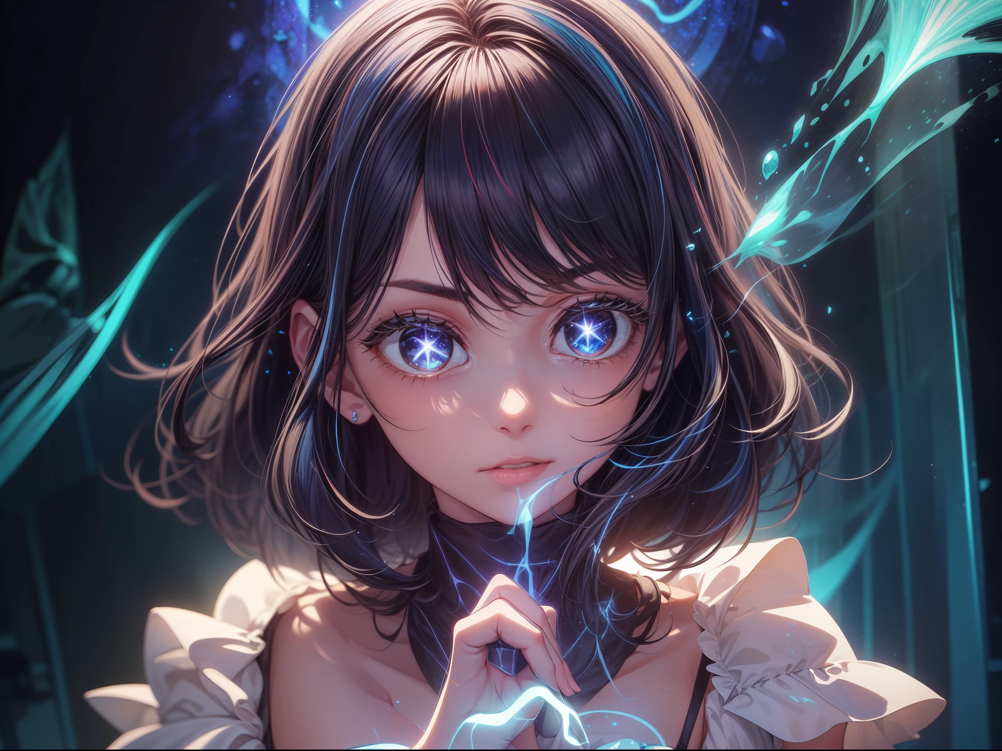 (шедевр)、the detail、in 8K、((Photo from the waist up))、((Blue glowing magic is emanating from the hand))、Girl in tight white base dress、short dark hair、Colorful inner hair、Realistic and sharp details、portrait shooting、Super Intricate Details、Ultra-fine details、Stay outside、