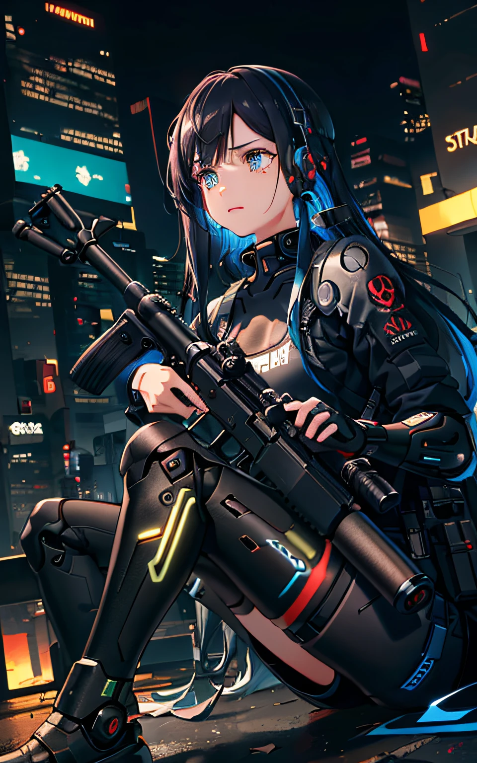 ((masterpiece, ultra detailed CG, 8K wallpaper)), (colorful hair), cyberpunk, mission failed, crying, 1girl, sniper, detailed beautiful face, sitting, night city, (Self-illumination blue light on the body), red neon lights in the background, detailed cyborg golden eye, using Barrett M82A1 rifle, resting against the rifle