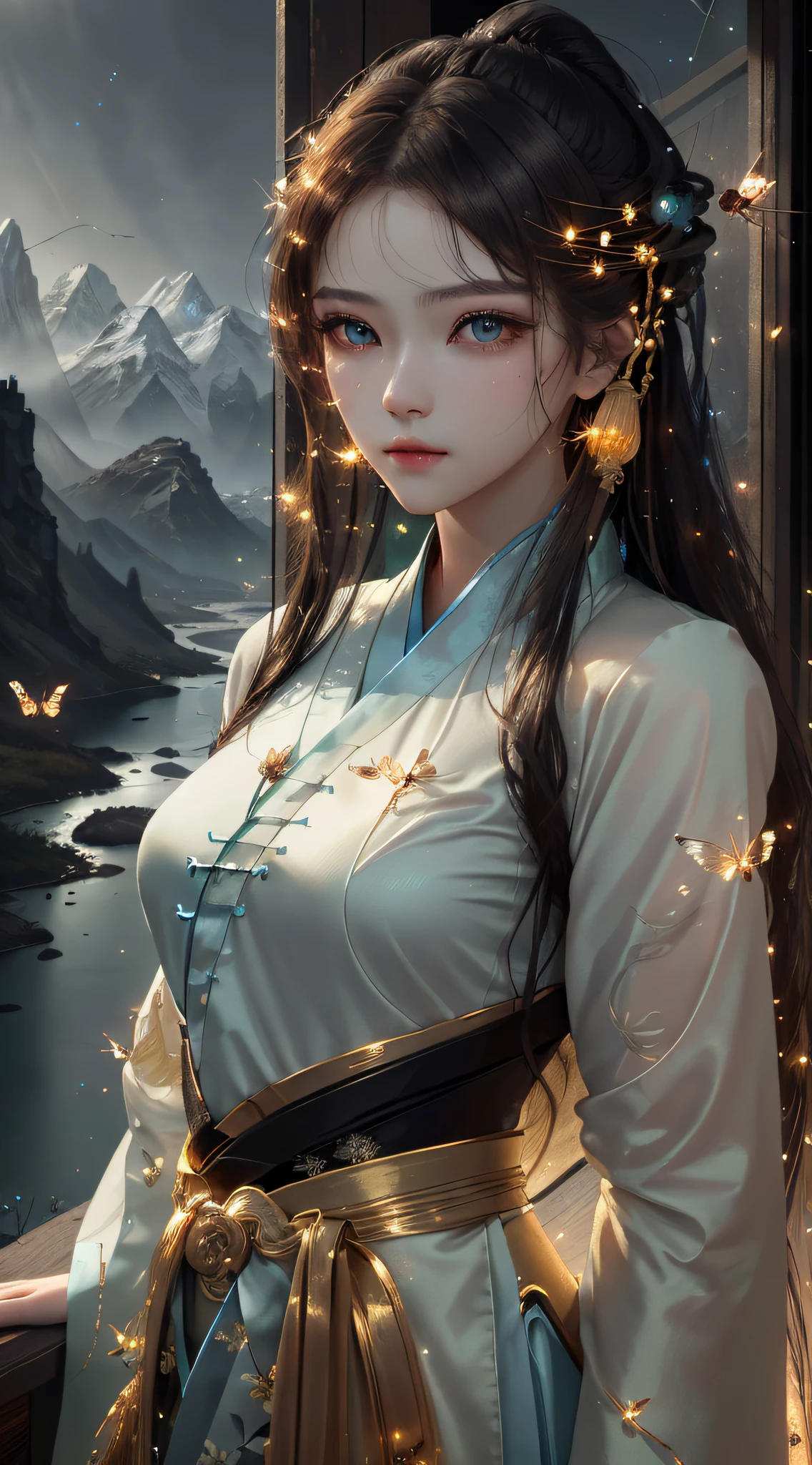 best quality, masterpiece, highres,
1girl, Detailed face, (Upper body:1.6), Cyber cities, mountains and rivers, night, firefly lights, Realistic, rich in detail, (White hanfu:1.2), (beautiful body:1.4),