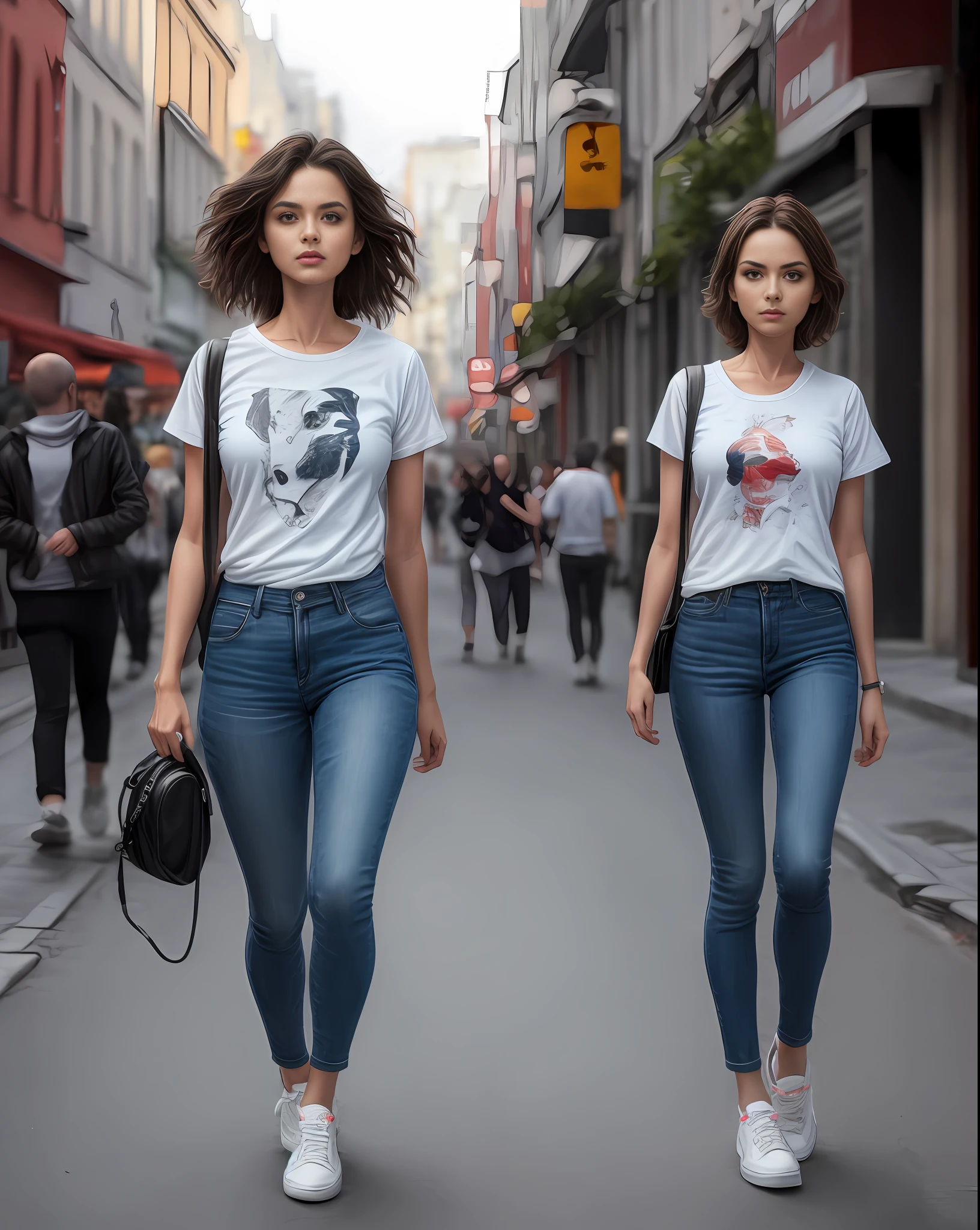 White basic rounded neck teeshirt with skinny jeans, sneakers shoes, Botox lips, very moist skin and hair, firm breasts, dark short hairs, European youth, perfect body, open (thin, perfect body, small), photorealism trends, high-resolution details, raw photography, sharpness, uniqueness in d850 4, koda850 k 400 portrait camera, 1.6 lens, rich colors, hyperrealistic texture, spectacular lighting, a surprise to real art, the fashionable Cinestil 800 mechanism,