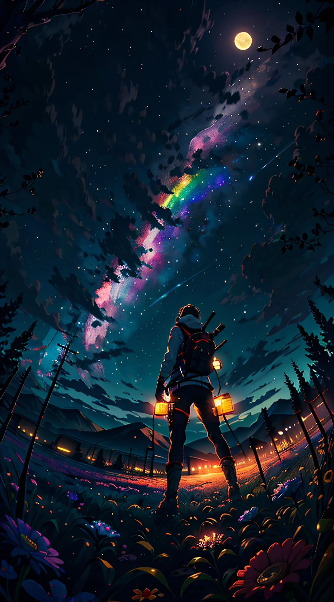 A wide landscape photo, (viewed from below, the sky is above, and the open field is below), a girl standing on a flower field looking up, (full moon: 1.2), (meteor: 0.9), (nebula: 1.3), distant mountains , Trees BREAK Crafting Art, (Warm Light: 1.2), (Firefly: 1.2), Lights, Lots of Purple and Orange, Intricate Details, Volumetric Lighting BREAK (Masterpiece: 1.2), (Best Quality), 4k, Ultra Detailed, (Dynamic Composition: 1.4), Rich in Detail and Color, (Rainbow Color: 1.2), (Glow, Atmospheric Lighting), Dreamy, Magical, (Solo: 1.2)